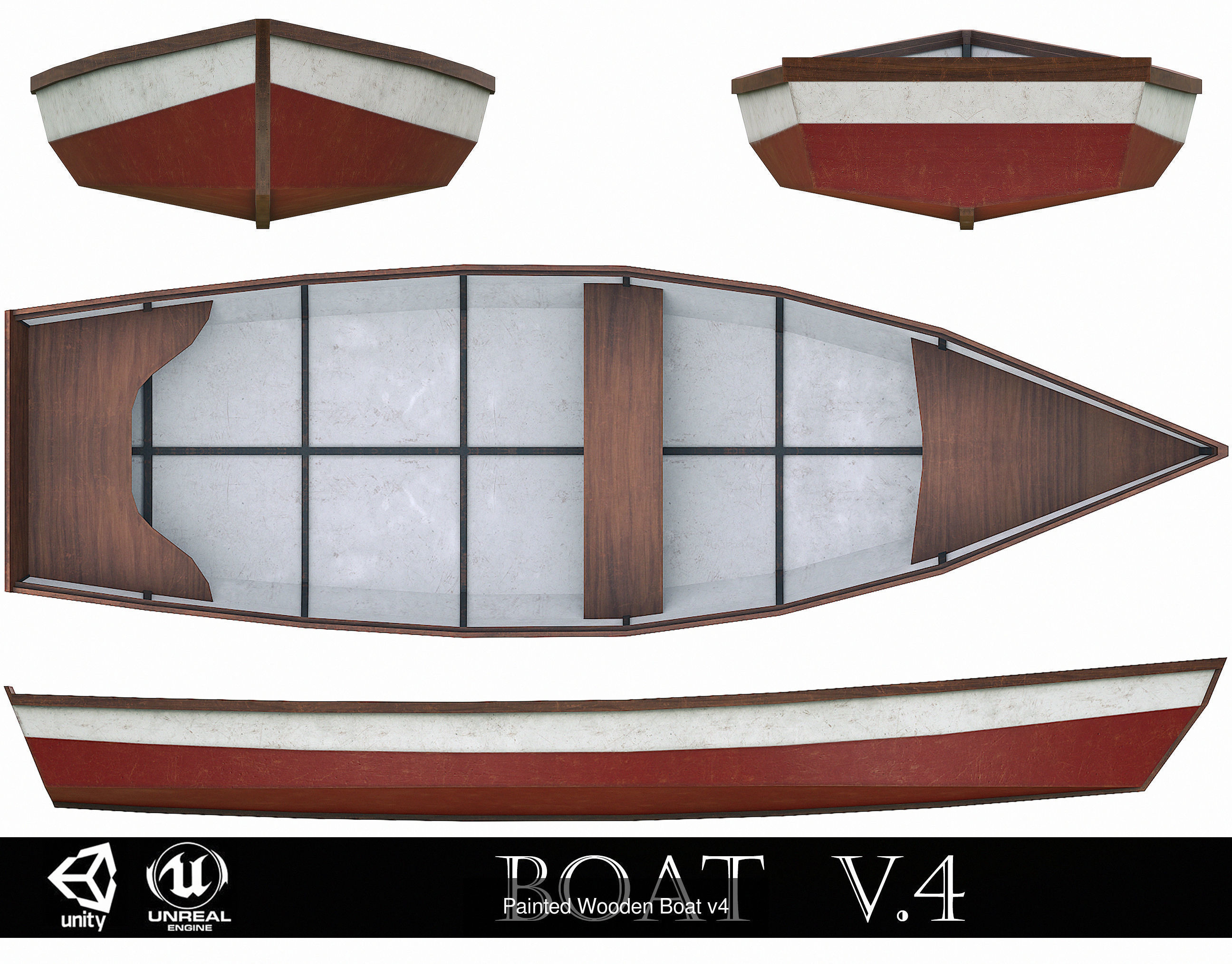 Painted Wooden Boats and Paddles 3D Model Collection_4