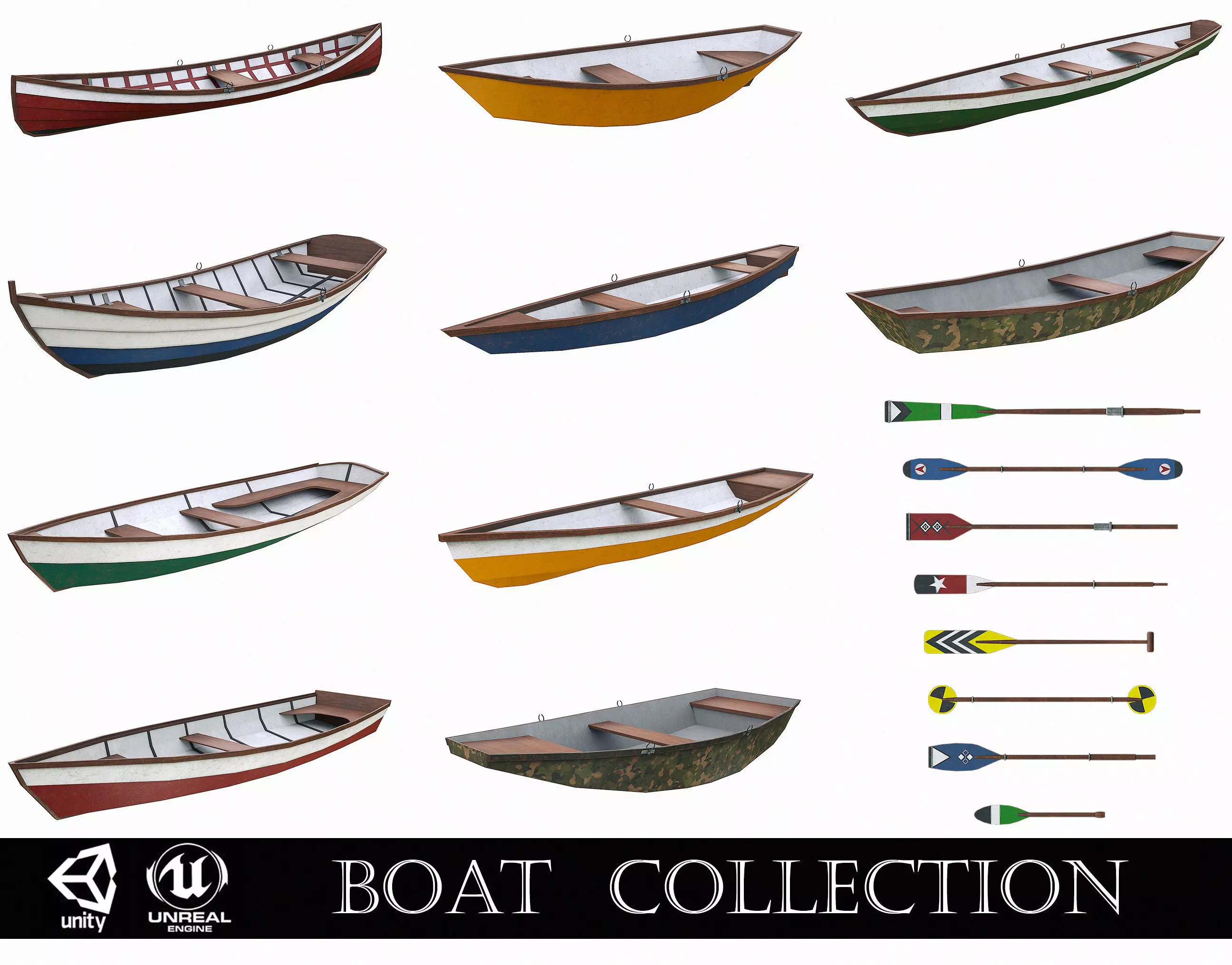 Painted Wooden Boats and Paddles 3D Model Collection_0