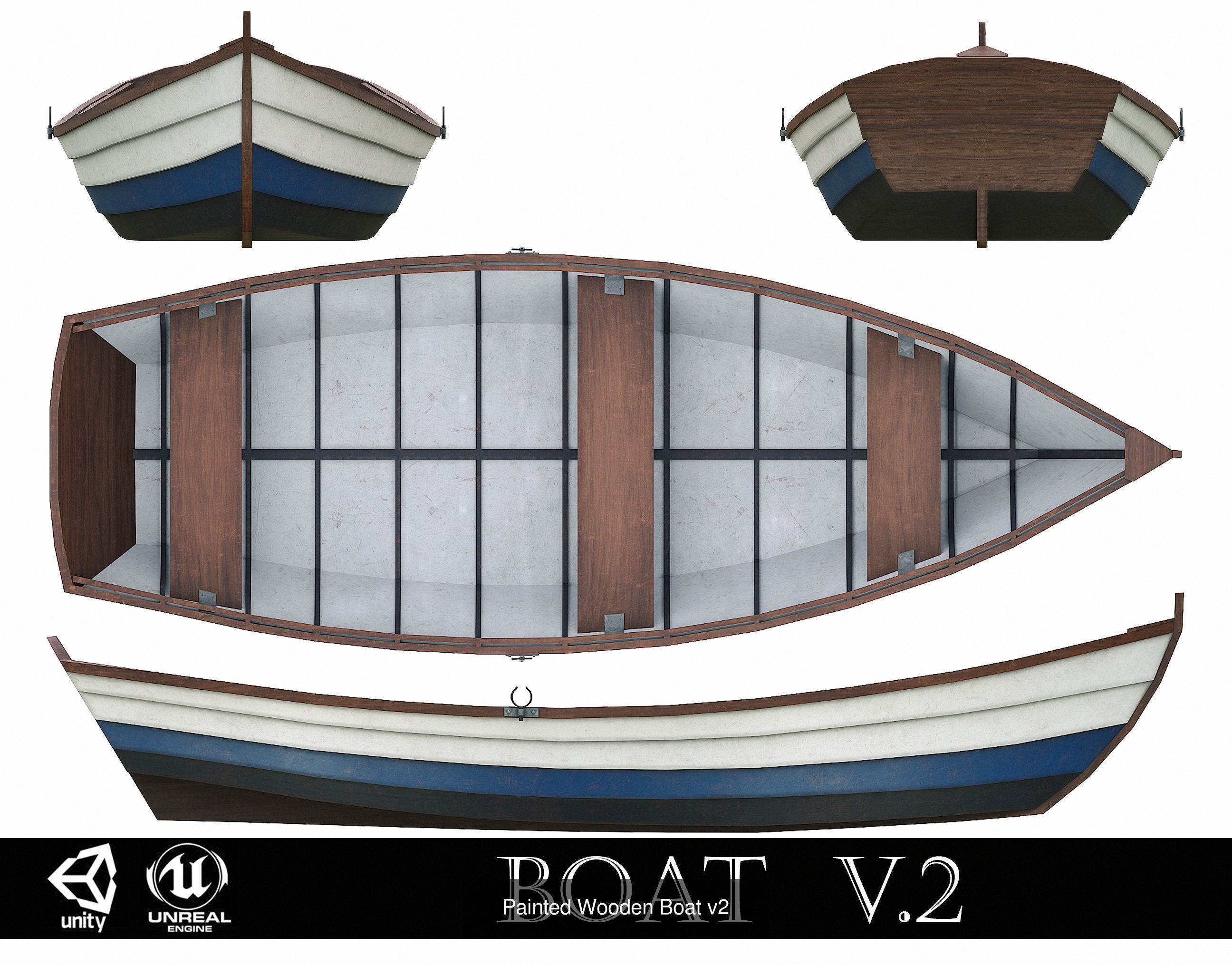 Painted Wooden Boats and Paddles 3D Model Collection_2