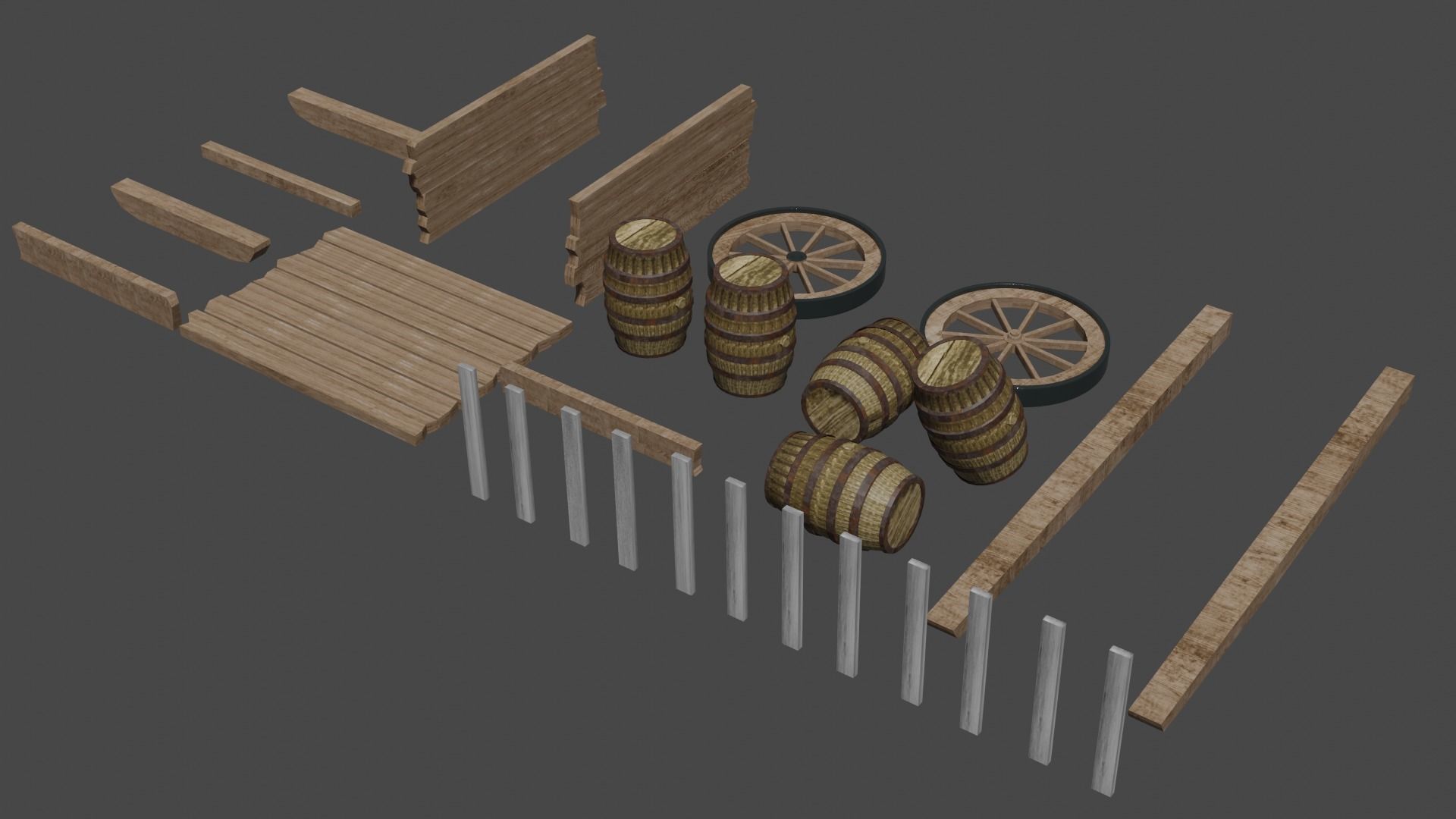wooden cart with barrels Low-poly 3D model Free low-poly 3D model_2