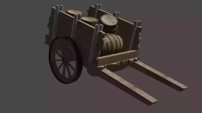 wooden cart with barrels Low-poly 3D model