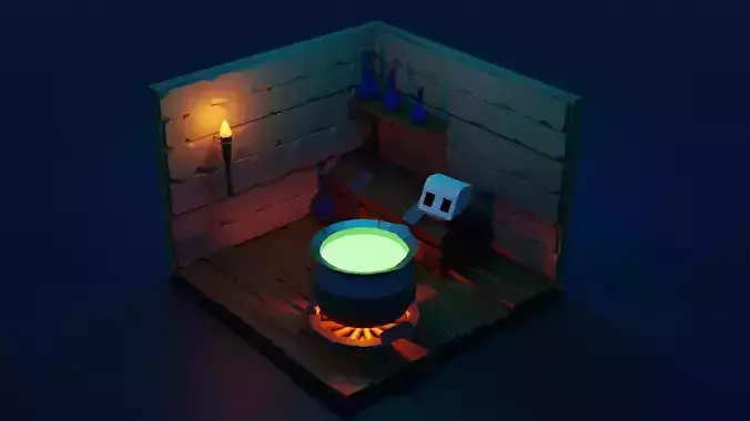 witchslair room with candle and pot of water