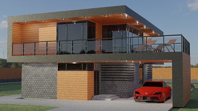 Cottage modern house with car parked 3D model