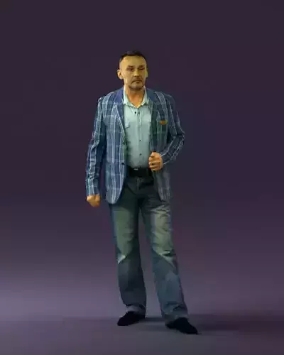 Man in jeans blue white jacket 0559