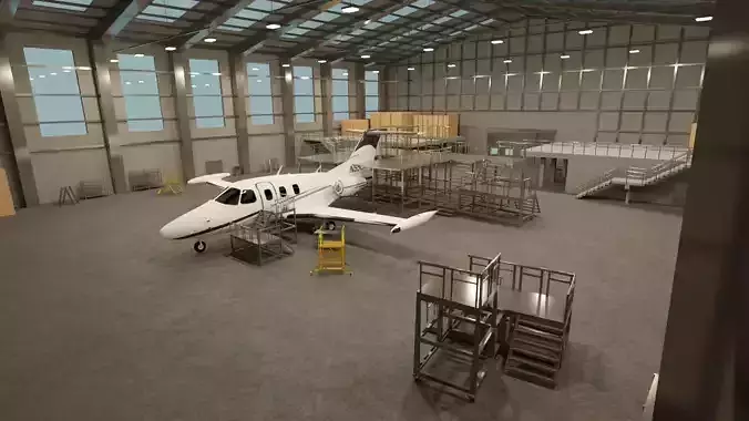 Airplane Hangar Interior with Airplane Jet
