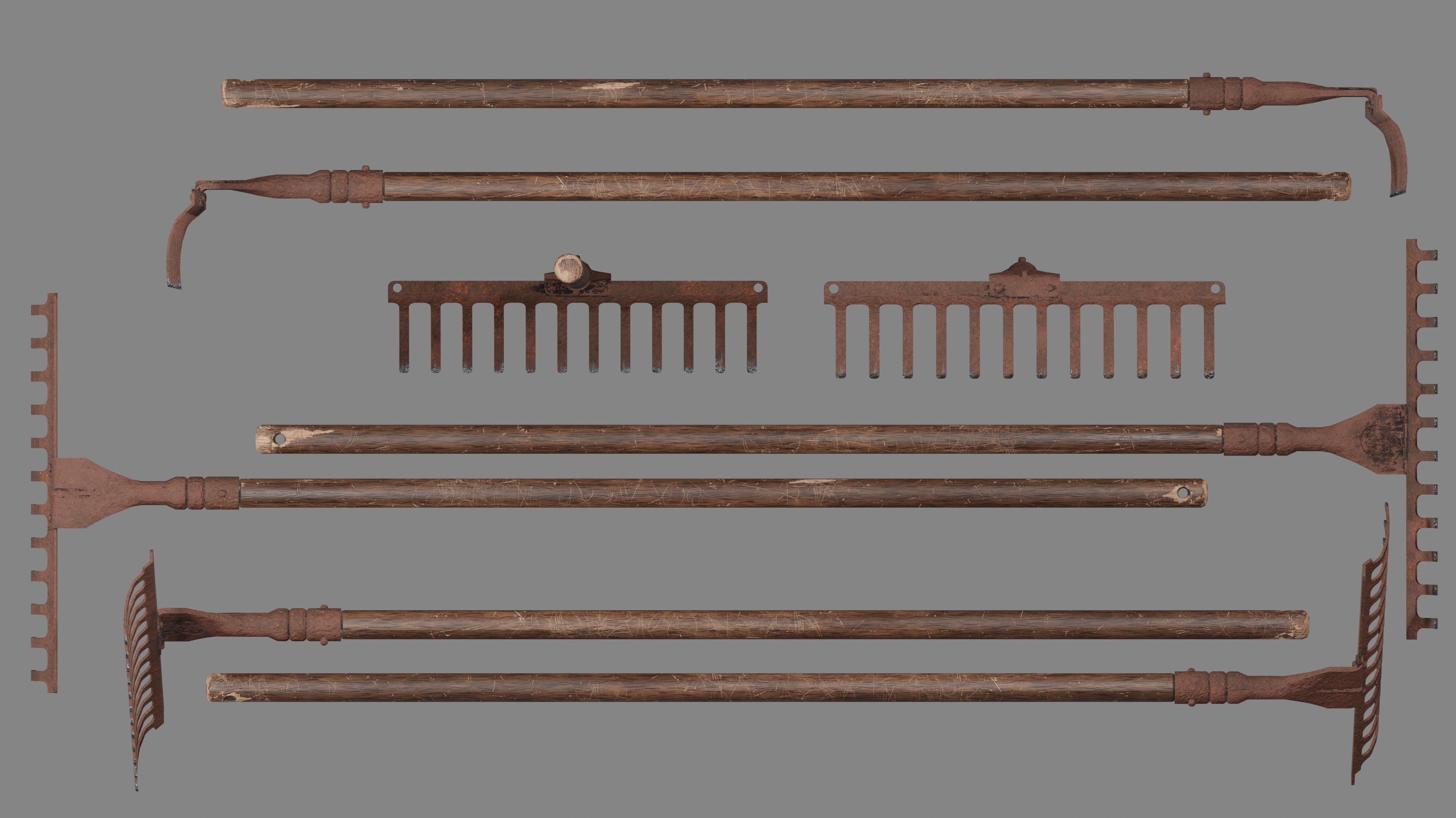 Shovel Rake and Hoe Low-poly 3D model_9
