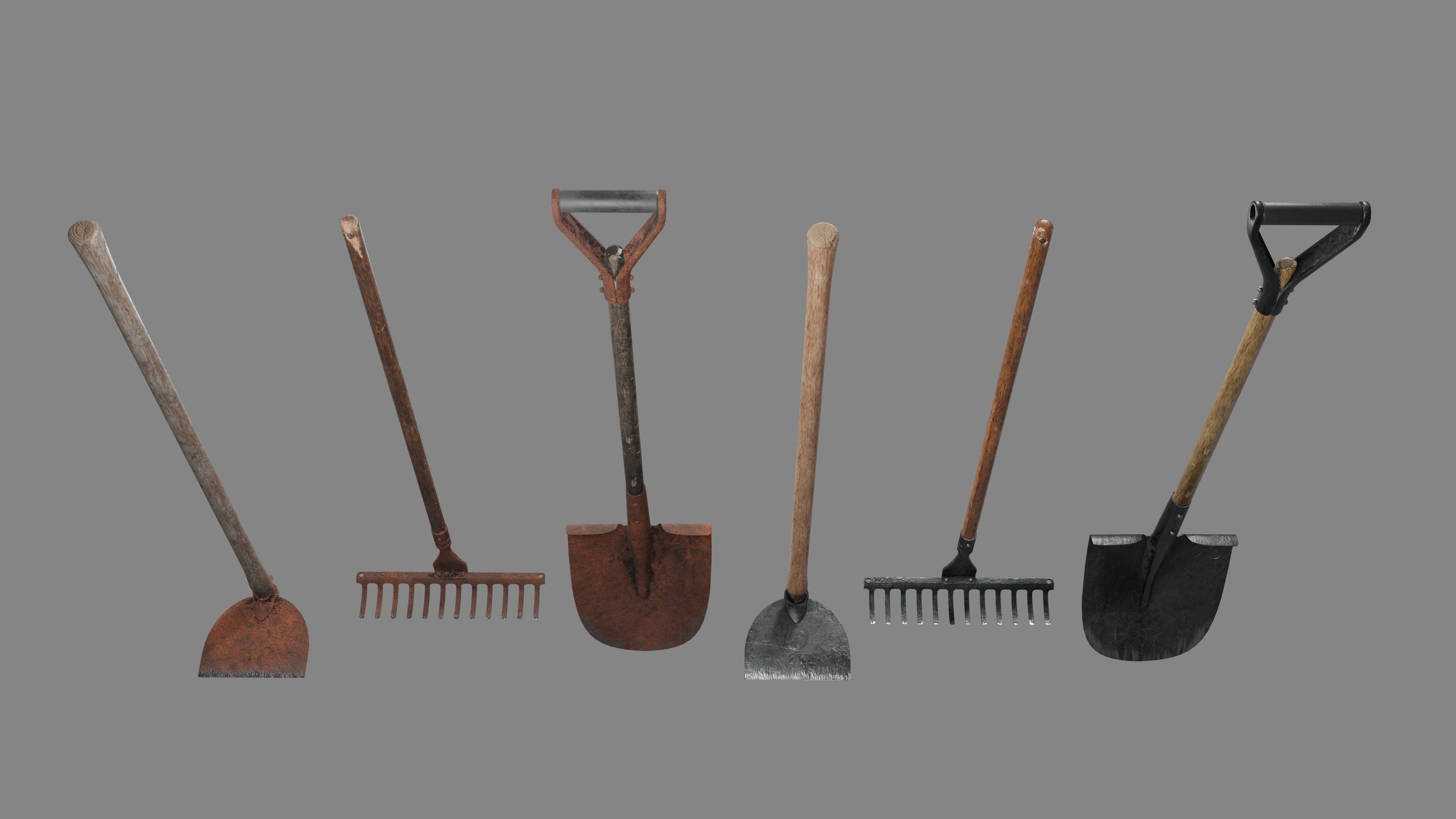 Shovel Rake and Hoe Low-poly 3D model_14