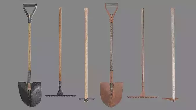 Shovel Rake and Hoe Low-poly 3D model 3