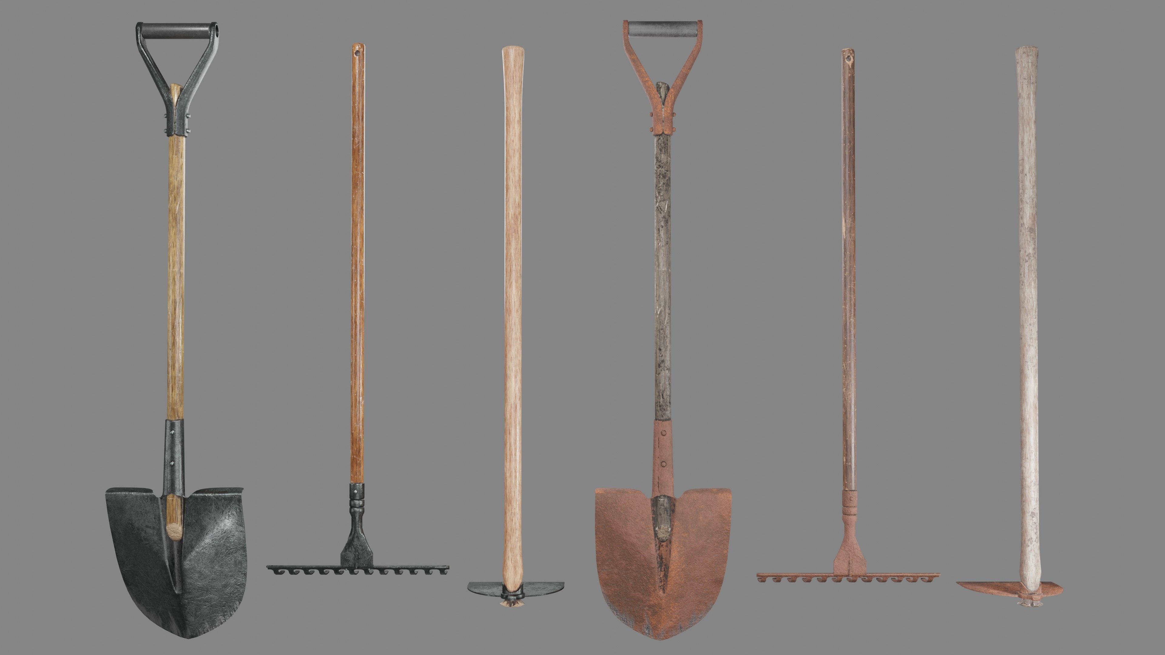 Shovel Rake and Hoe Low-poly 3D model_2