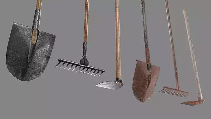 Shovel Rake and Hoe Low-poly 3D model 4