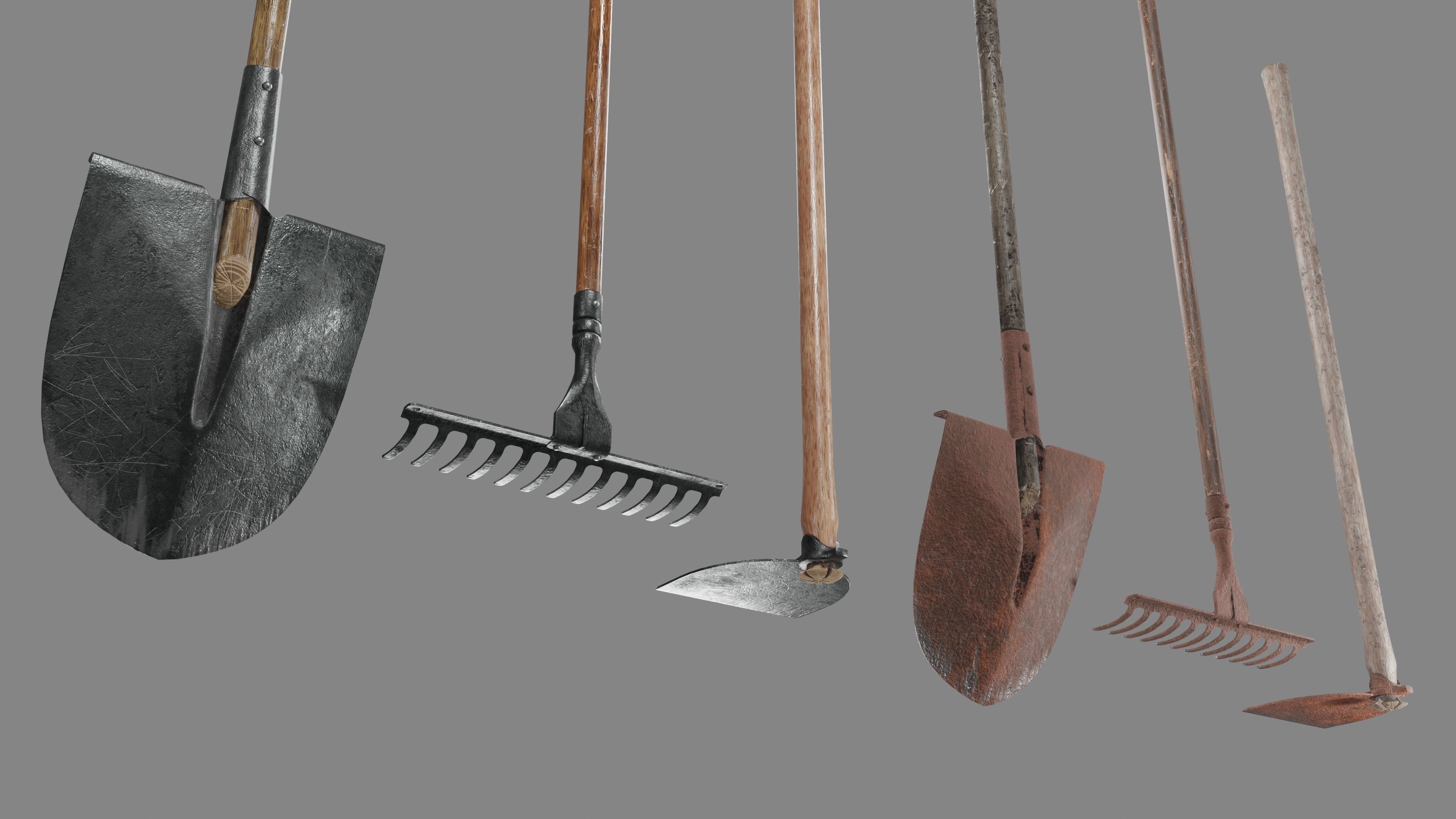 Shovel Rake and Hoe Low-poly 3D model_3