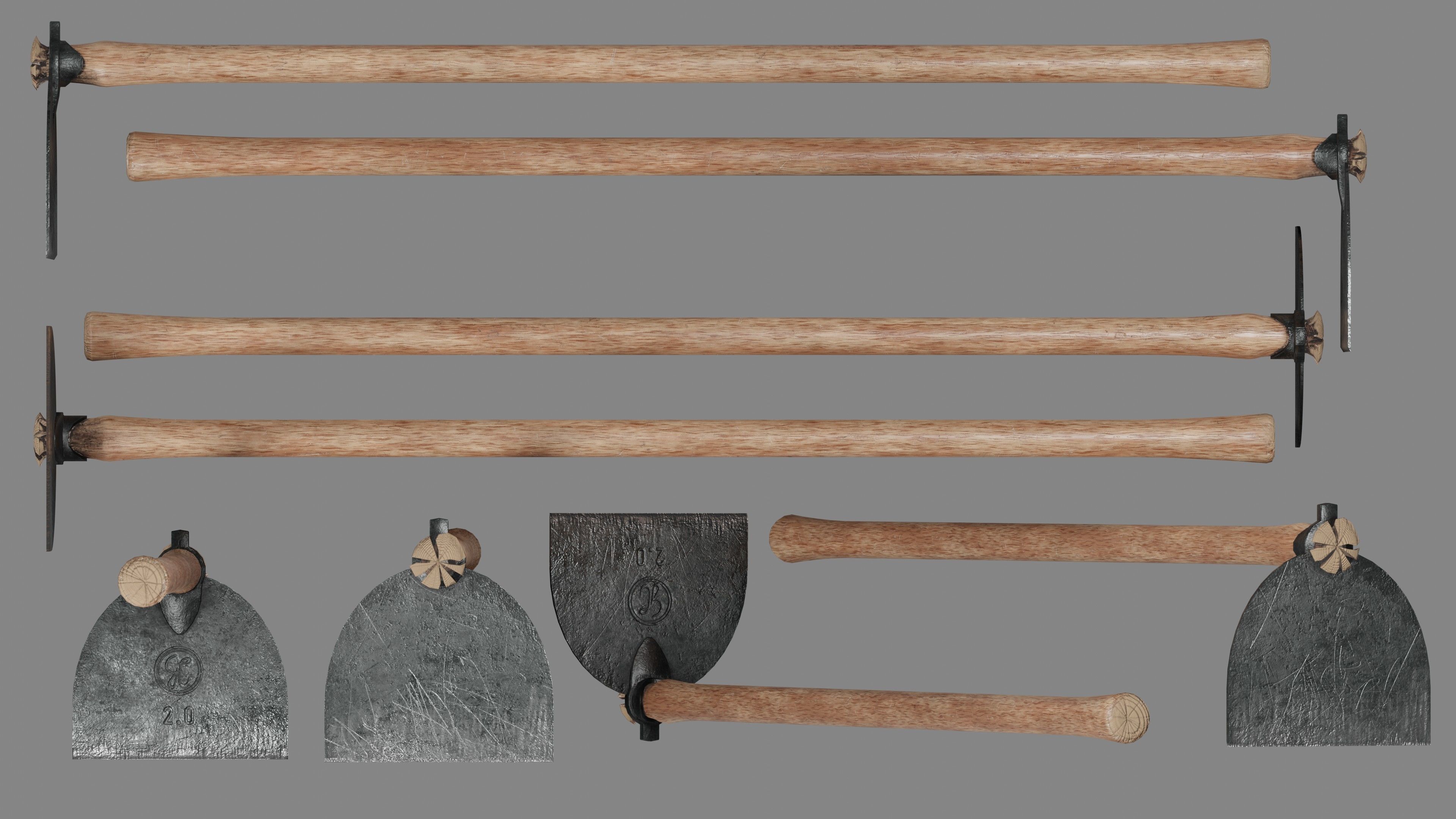 Shovel Rake and Hoe Low-poly 3D model_11