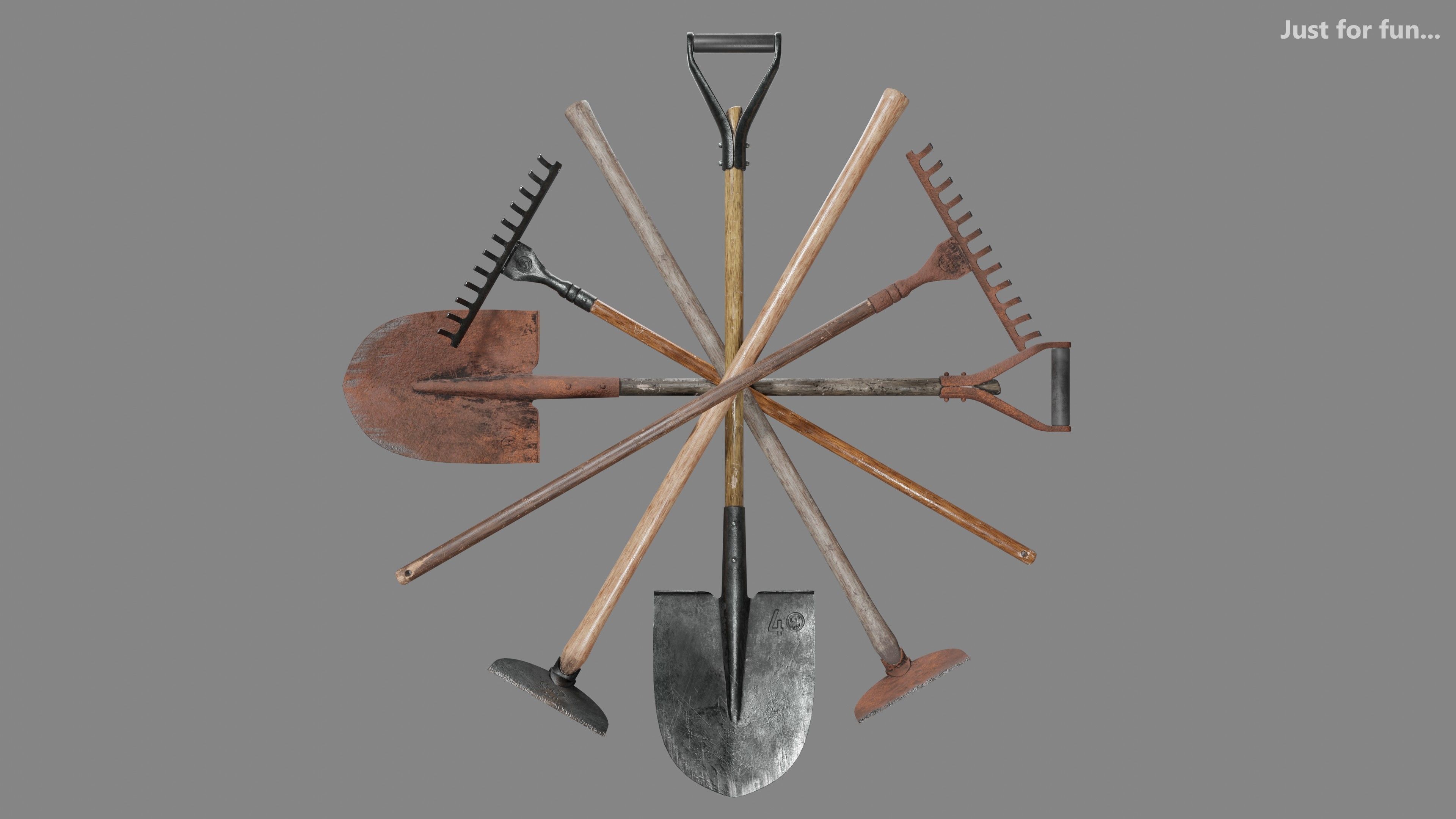 Shovel Rake and Hoe Low-poly 3D model_21