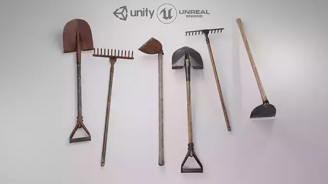 Shovel Rake and Hoe Low-poly 3D model Shovel Rake and Hoe Low-poly 3D model