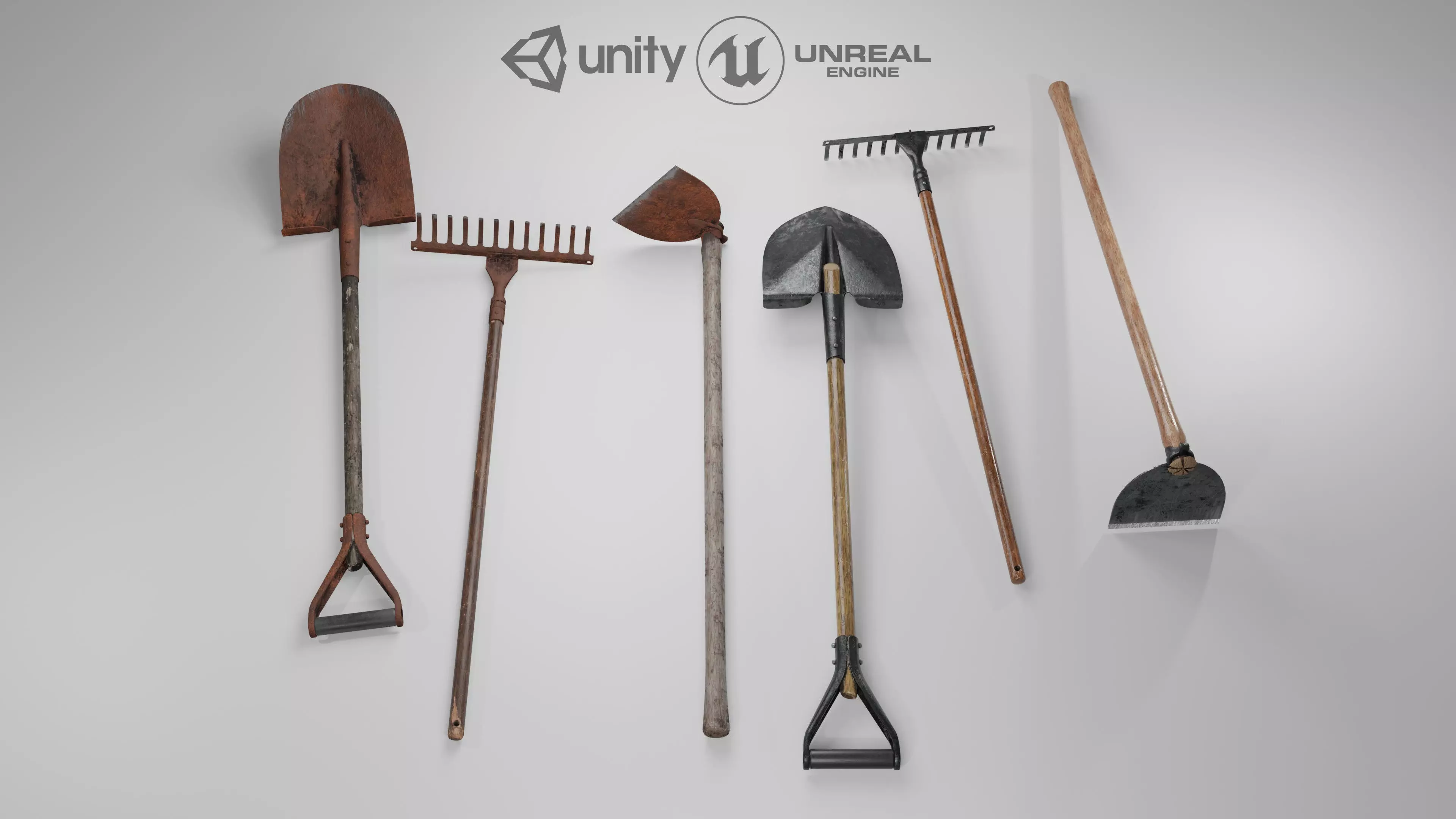 Shovel Rake and Hoe Low-poly 3D model_0