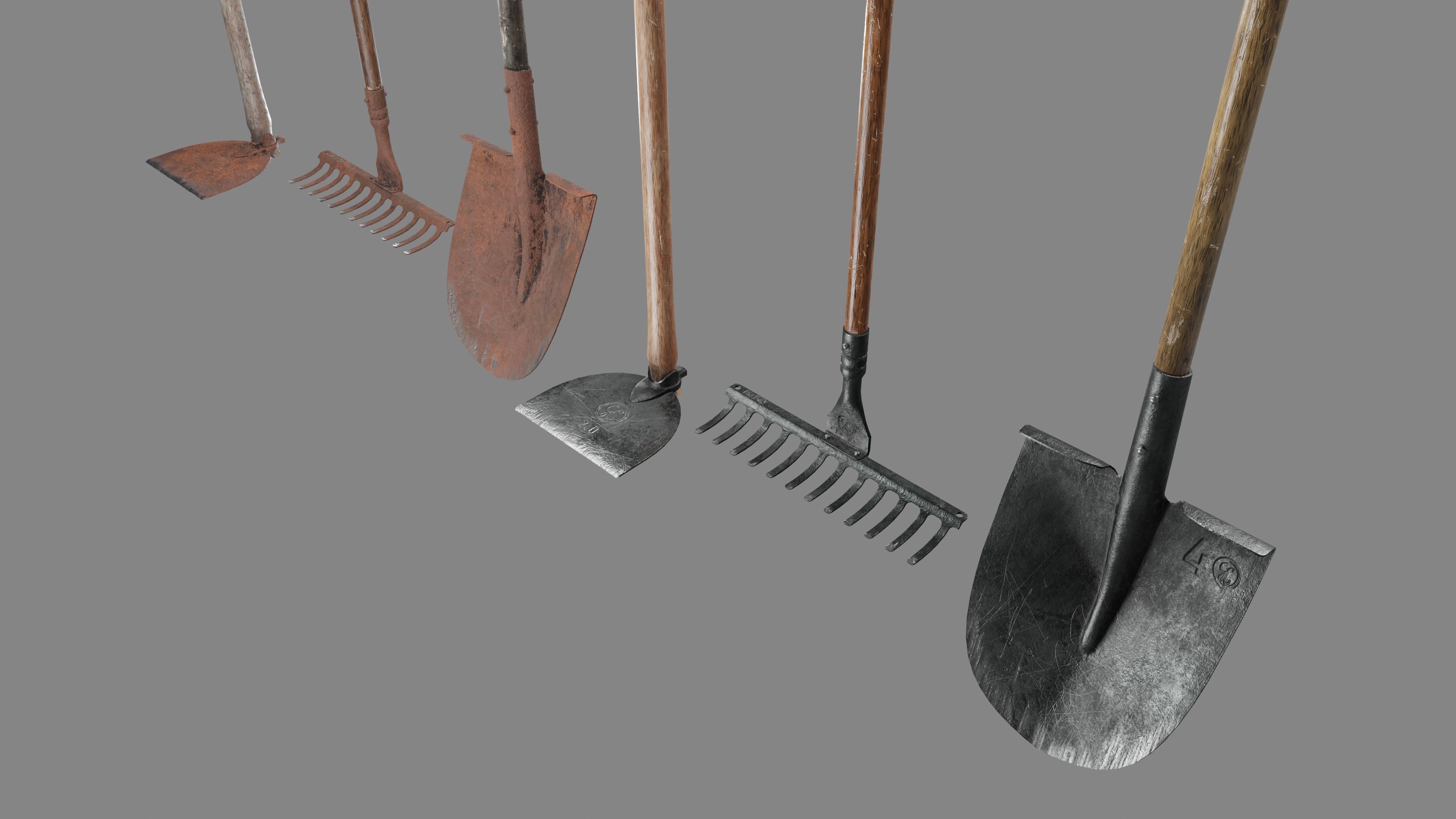 Shovel Rake and Hoe Low-poly 3D model_4