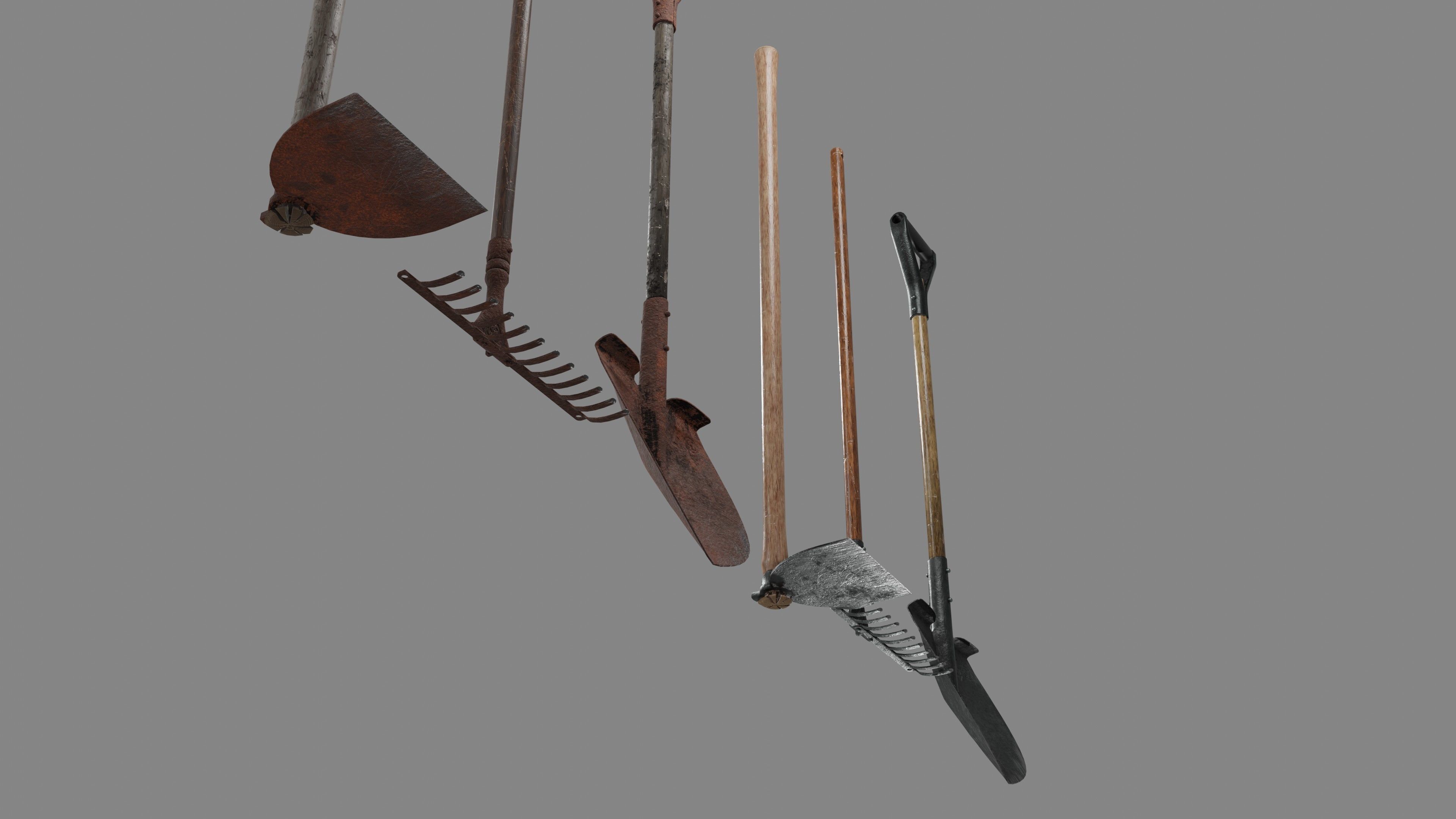Shovel Rake and Hoe Low-poly 3D model_15