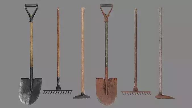 Shovel Rake and Hoe Low-poly 3D model 2