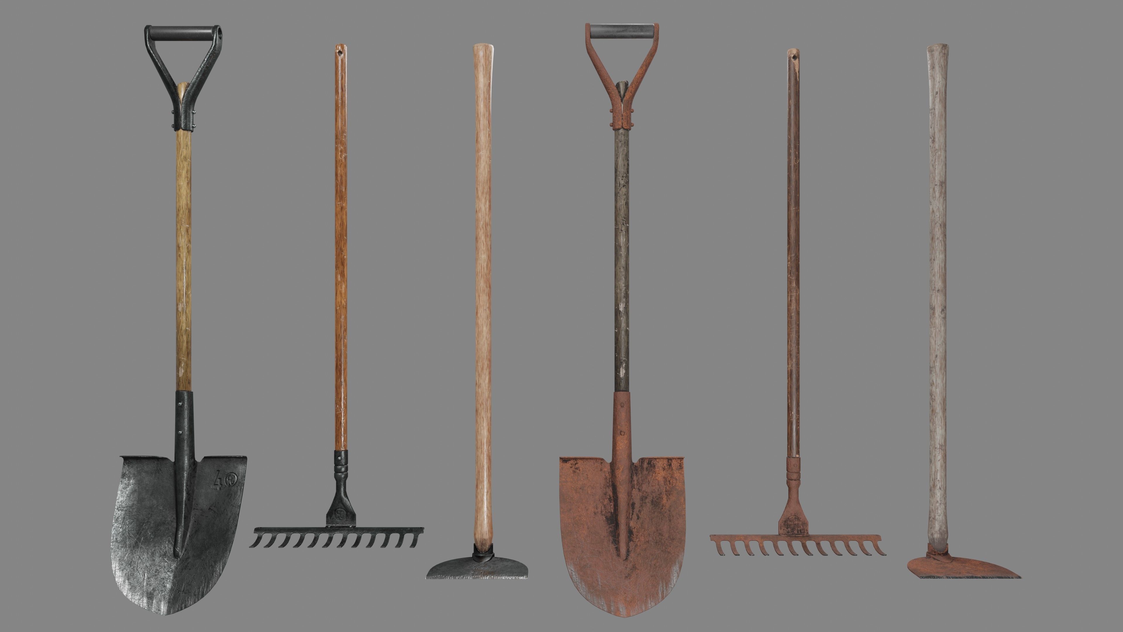 Shovel Rake and Hoe Low-poly 3D model_1
