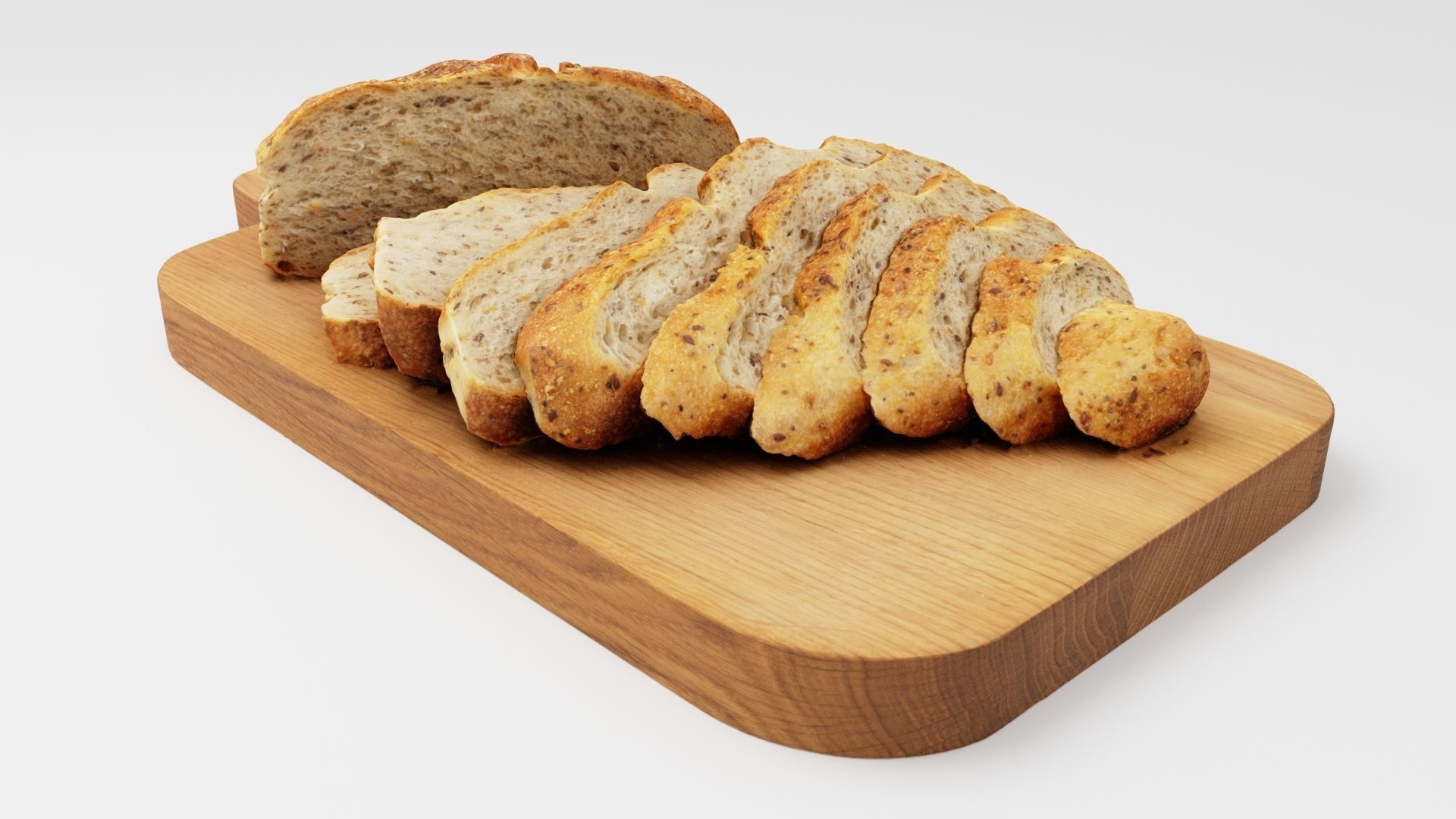 Slices of cut bread with seeds on wooden chopping board 3D model_1