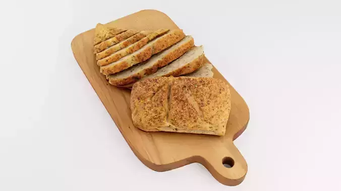 Slices of cut bread with seeds on wooden chopping board