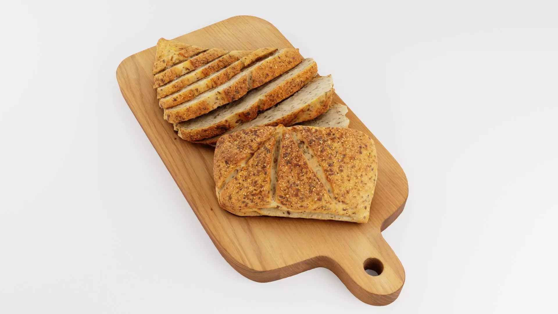 Slices of cut bread with seeds on wooden chopping board 3D model_0