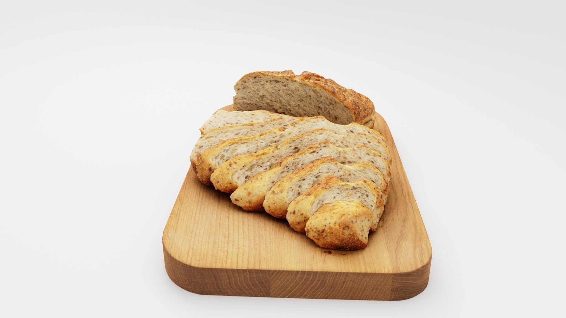 Slices of cut bread with seeds on wooden chopping board 3D model_2