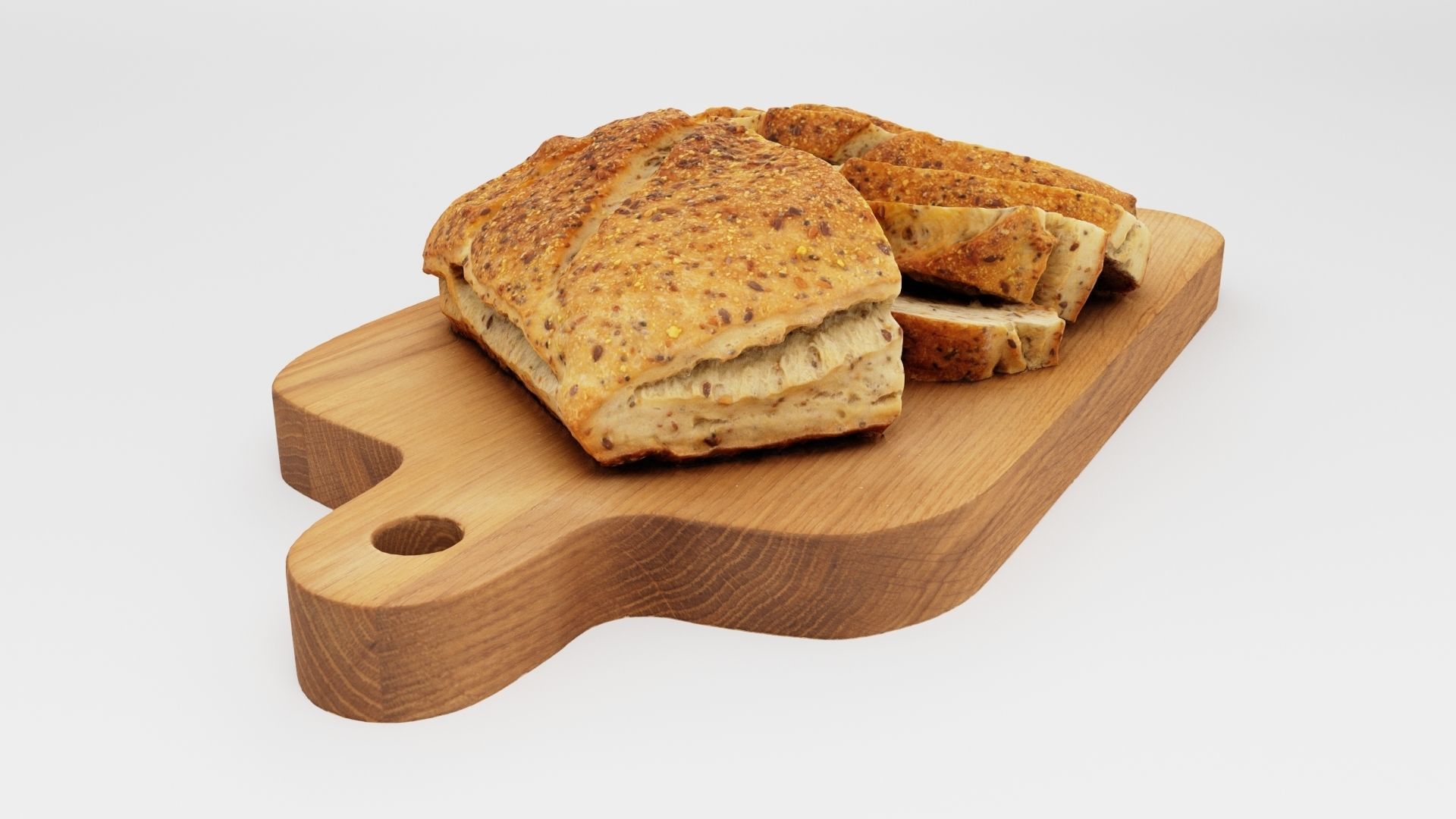 Slices of cut bread with seeds on wooden chopping board 3D model_5