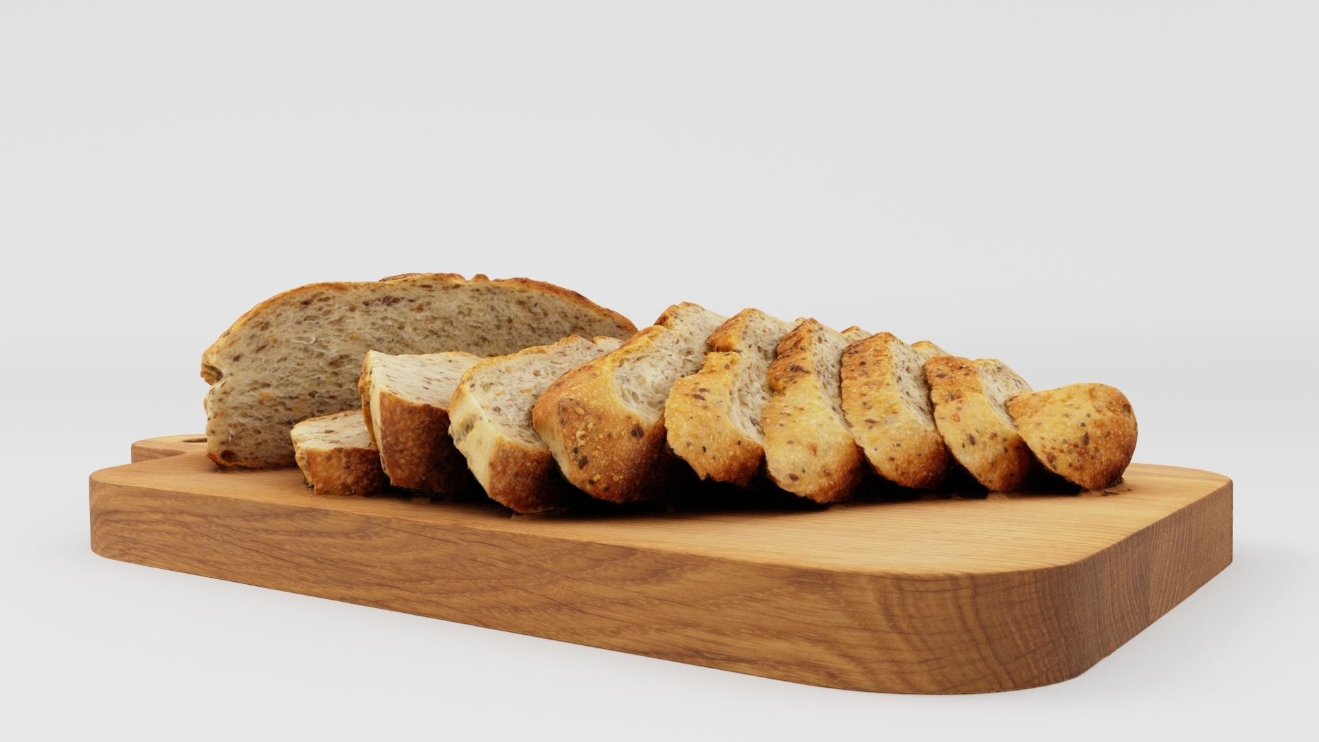 Slices of cut bread with seeds on wooden chopping board 3D model_6