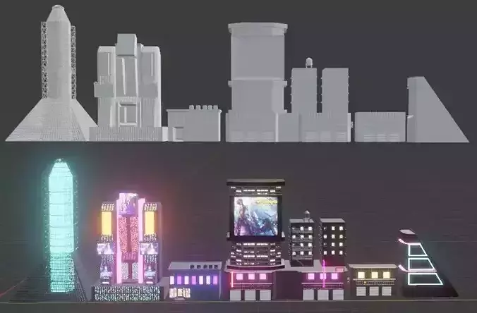 cyberpunk buildings low poly pack
