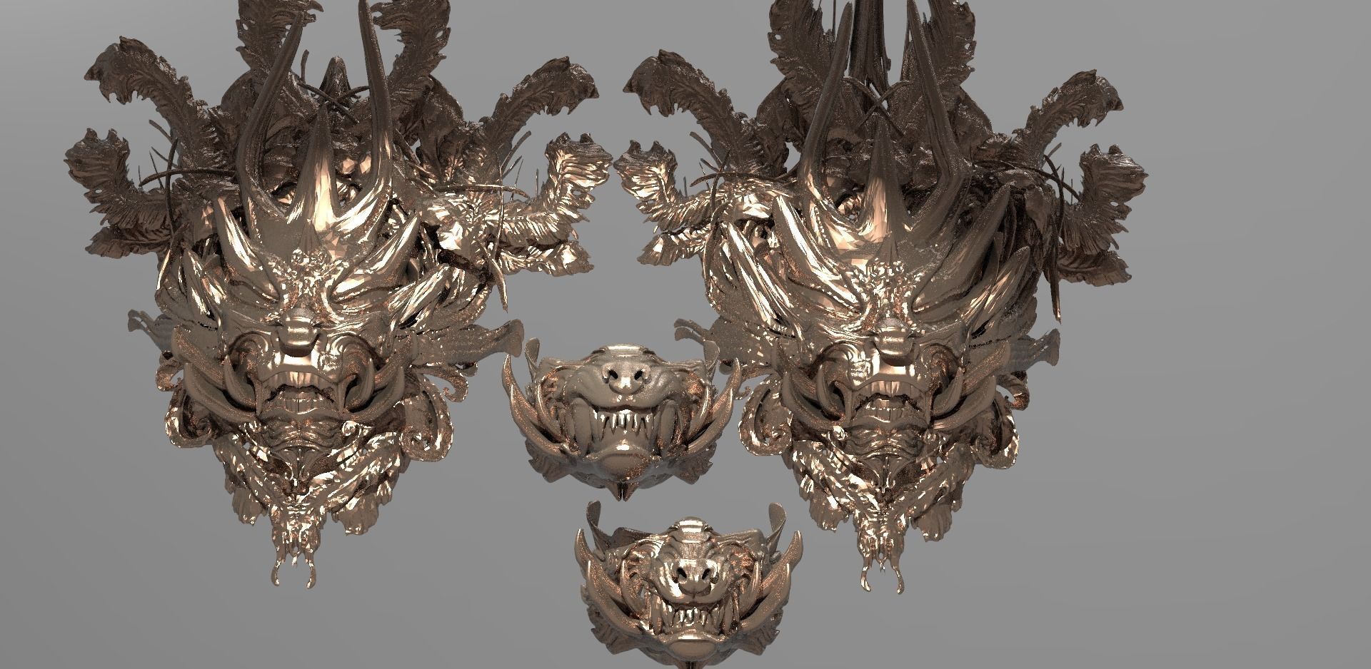  Dragon Asian Shield Design 2 versions with 2 Samurai masks 3D model_1