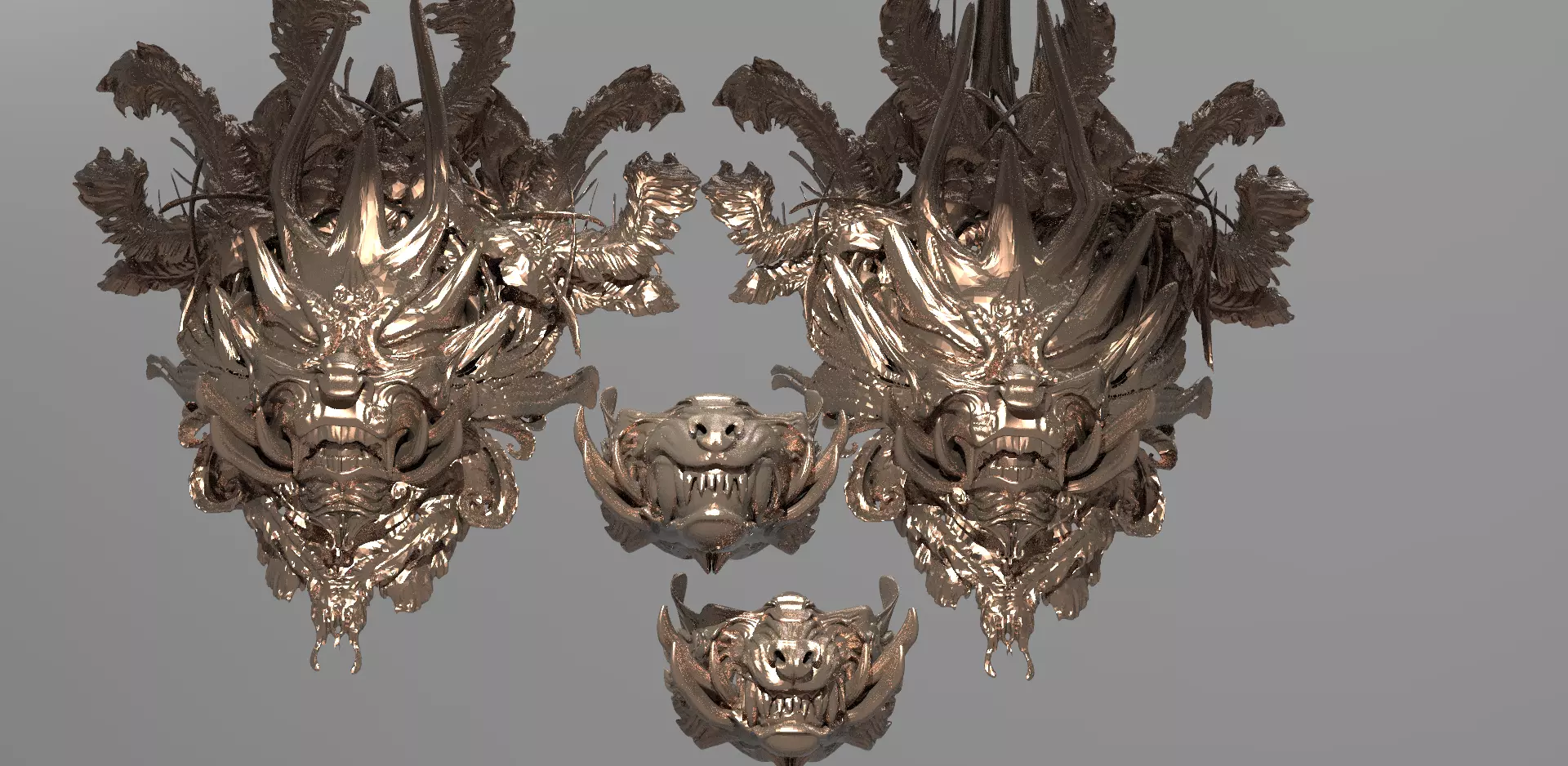  Dragon Asian Shield Design 2 versions with 2 Samurai masks 3D model_0
