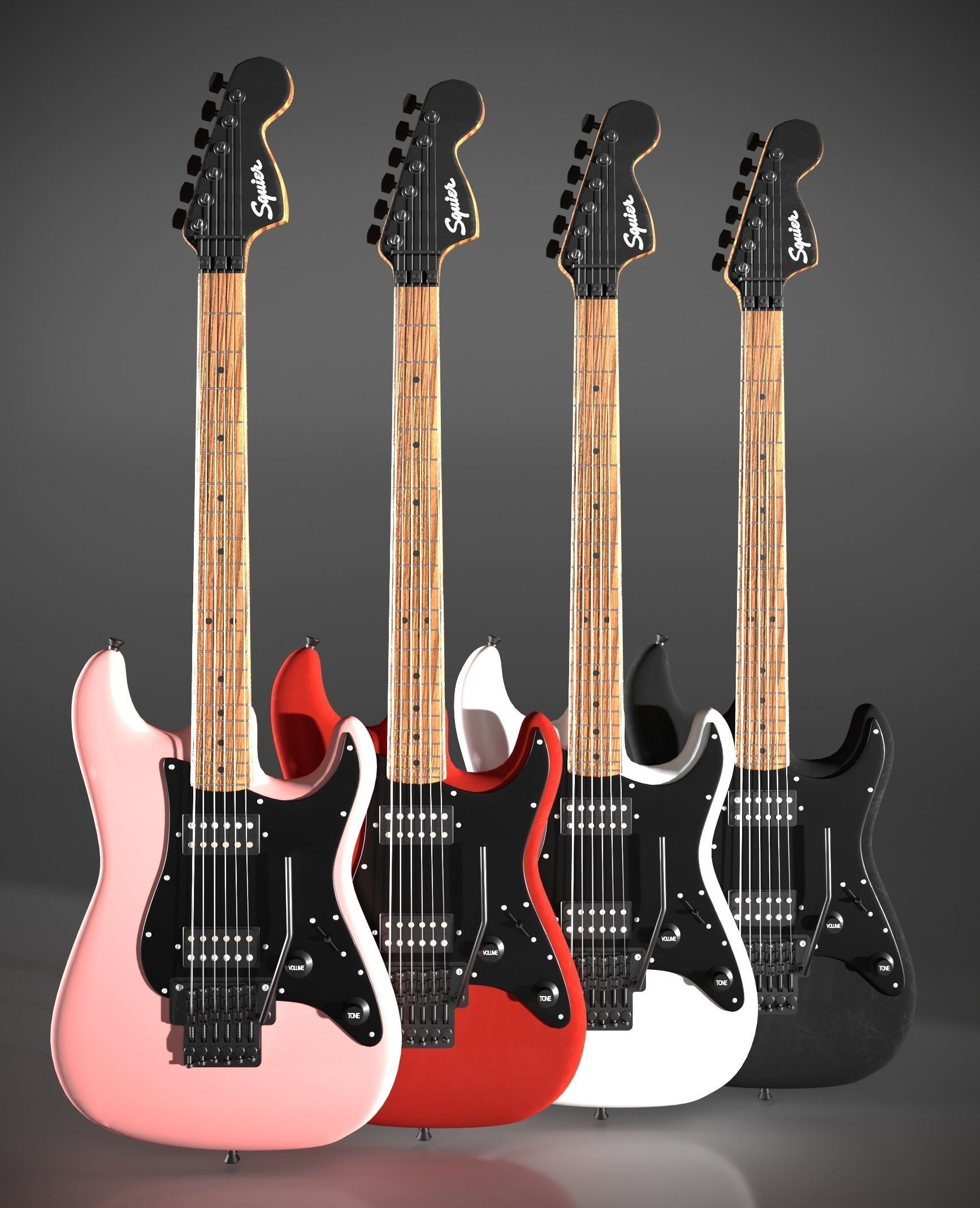 Red black pink white bass guitar 3D model_0