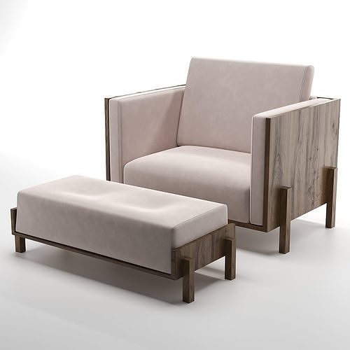 Lina with Ottoma Minimalist Armchair in Pau Ferro Wood 3D model 2