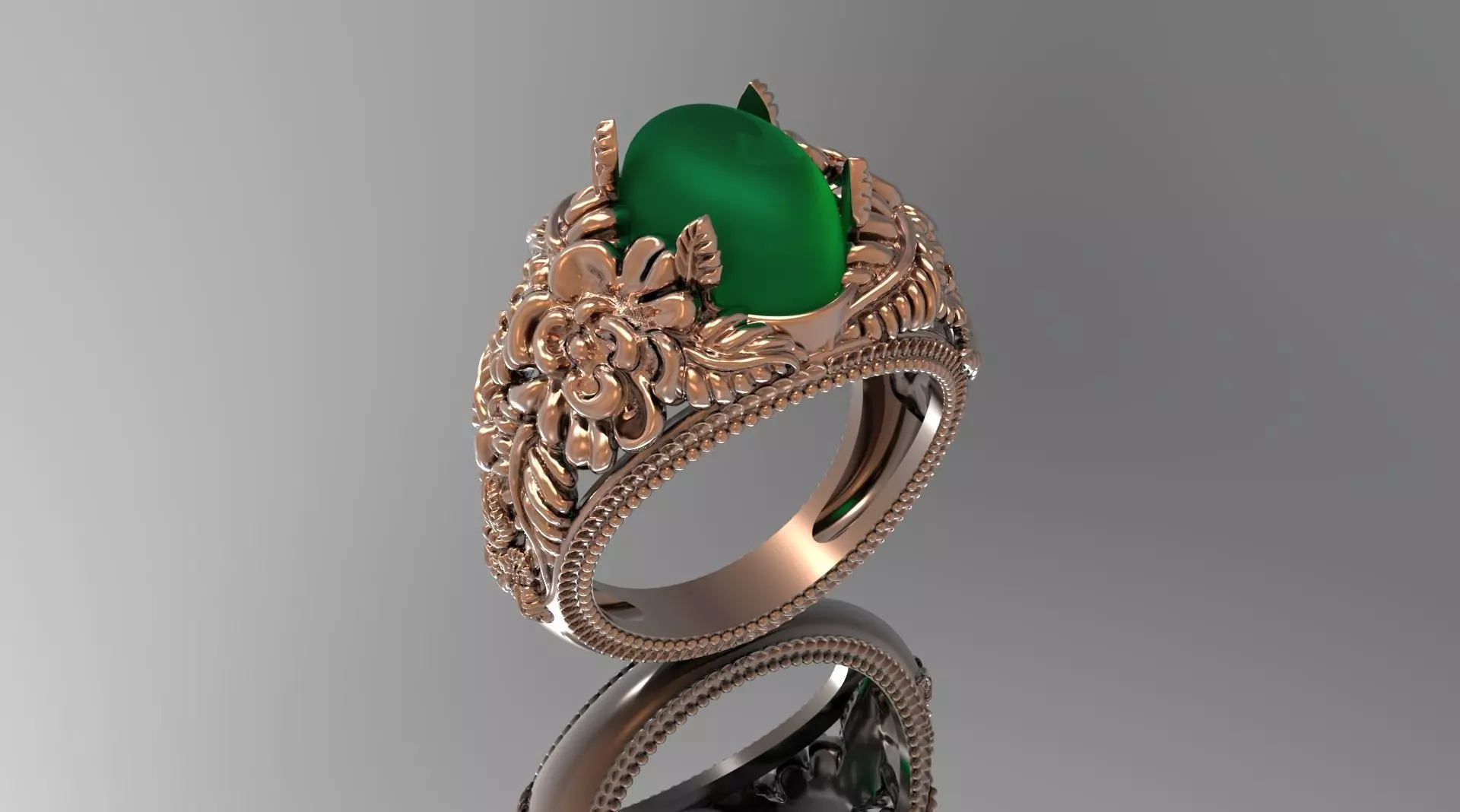 RING WITH FLOWERS AND CABASHON GEMS 3D print model_0