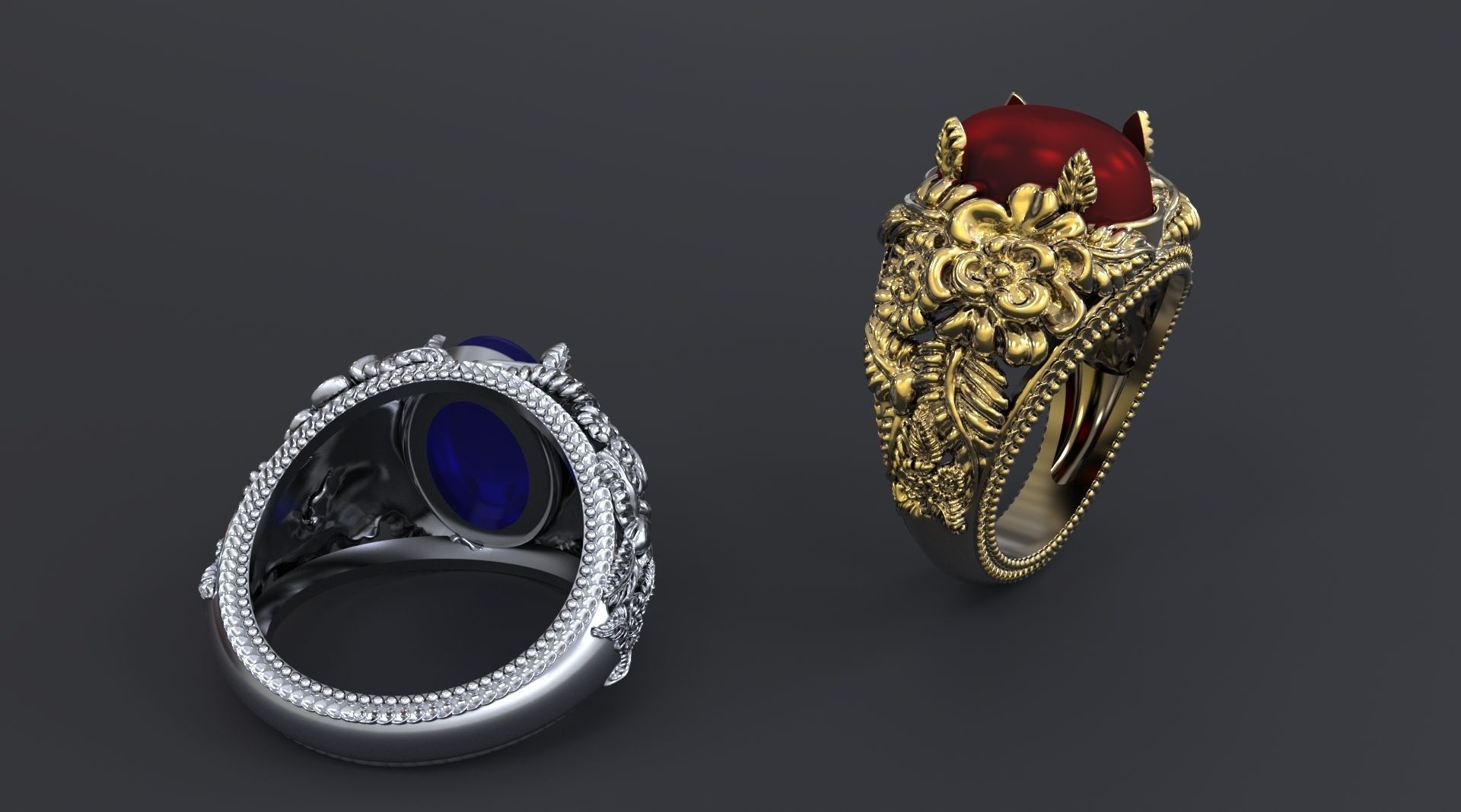 RING WITH FLOWERS AND CABASHON GEMS 3D print model_6