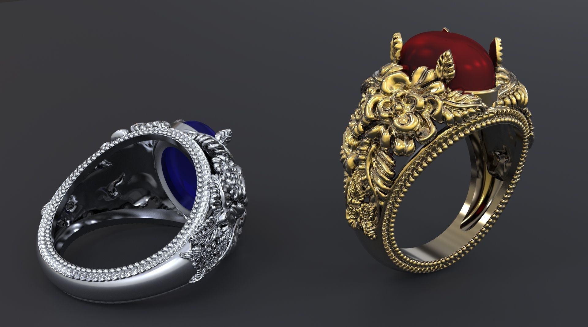 RING WITH FLOWERS AND CABASHON GEMS 3D print model_5