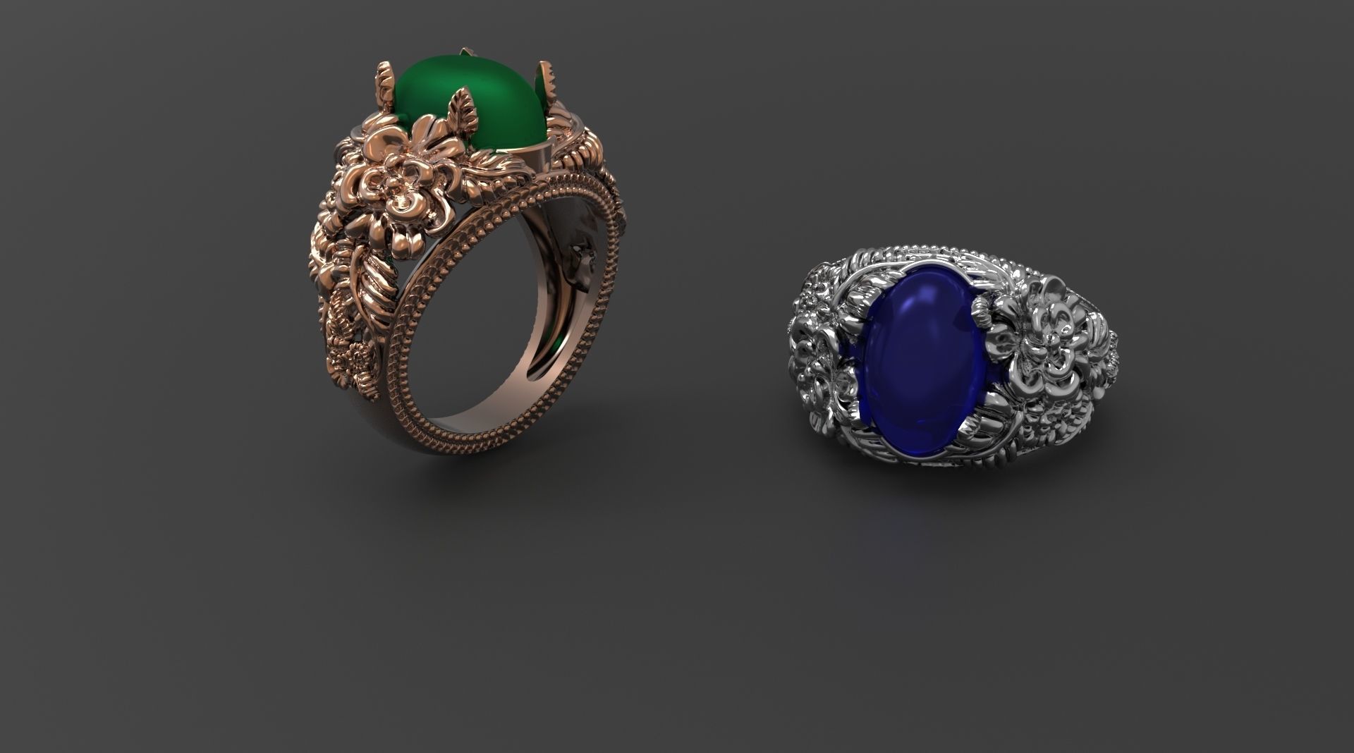 RING WITH FLOWERS AND CABASHON GEMS 3D print model_4