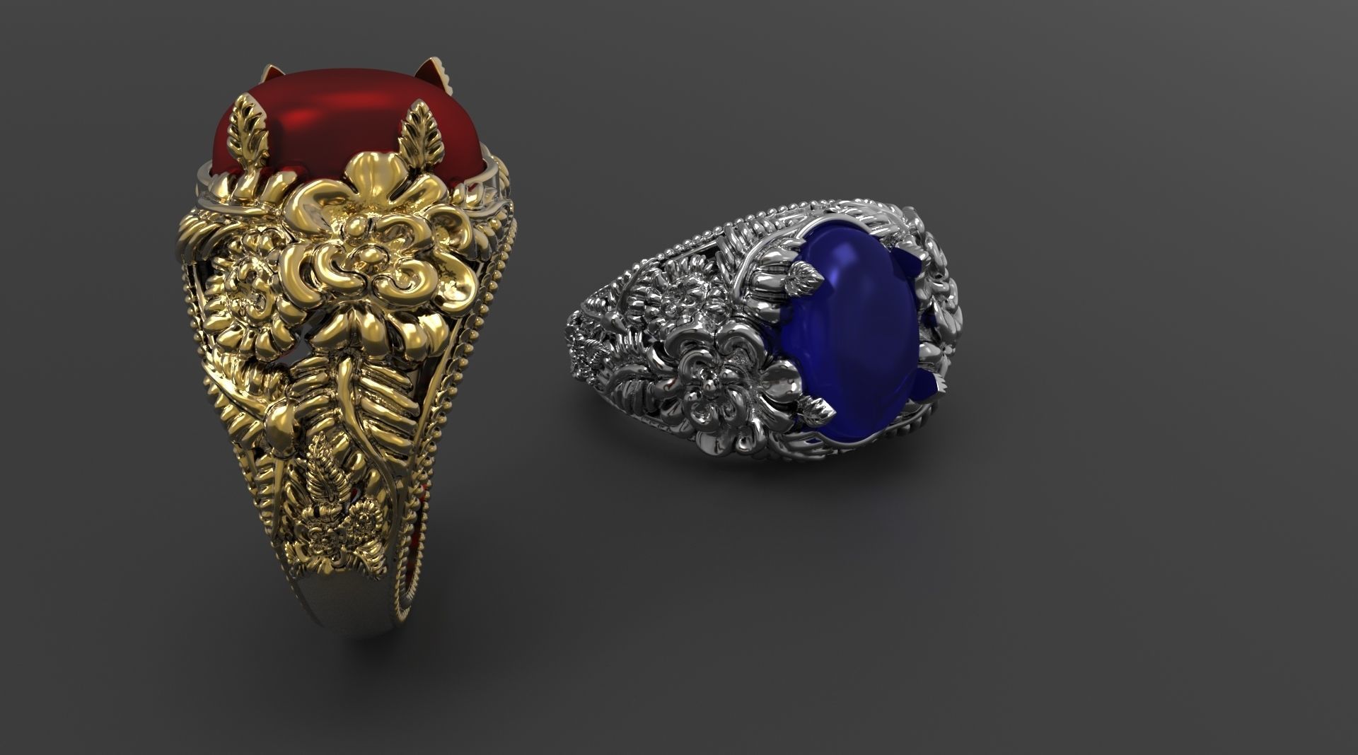 RING WITH FLOWERS AND CABASHON GEMS 3D print model_1