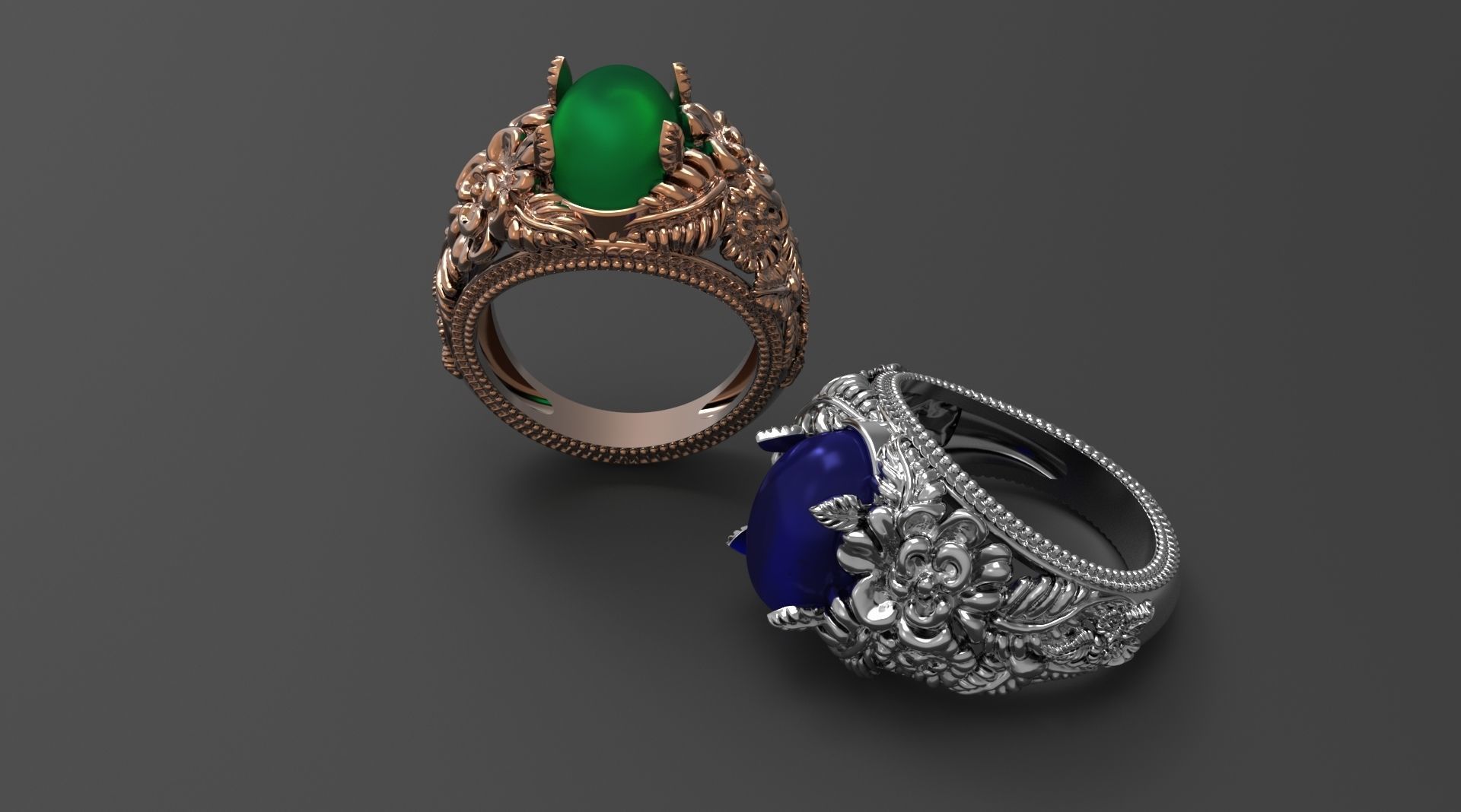 RING WITH FLOWERS AND CABASHON GEMS 3D print model_3