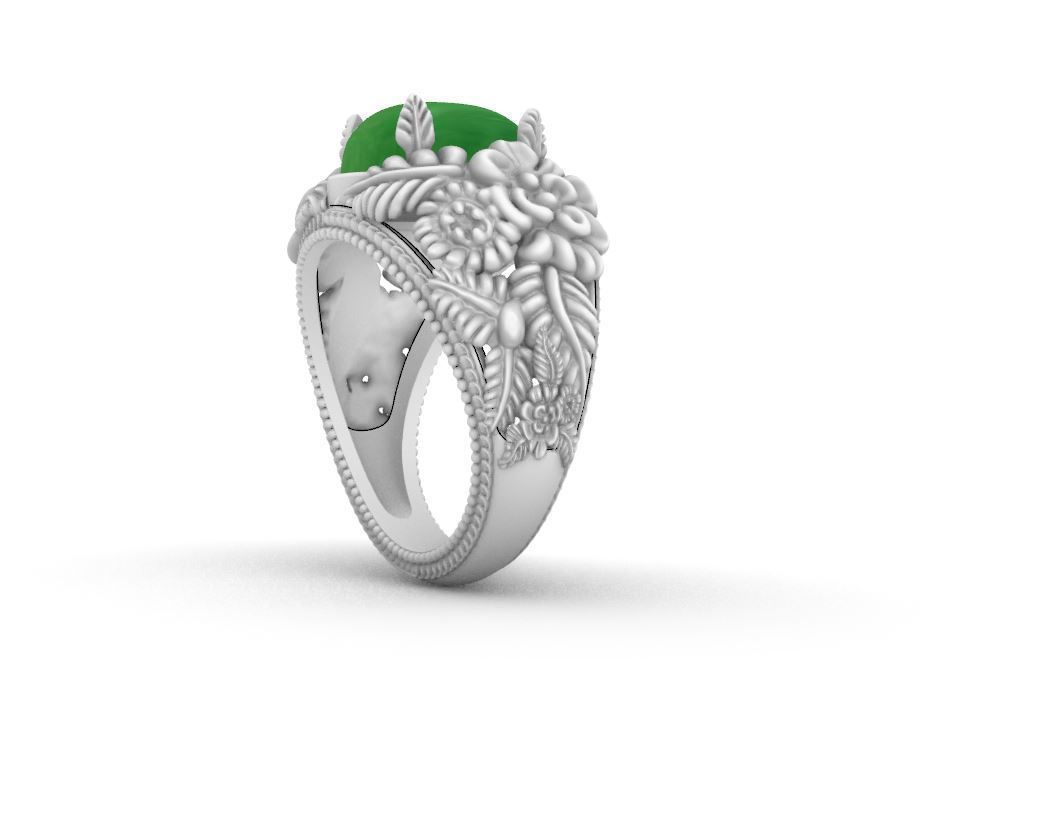 RING WITH FLOWERS AND CABASHON GEMS 3D print model_7