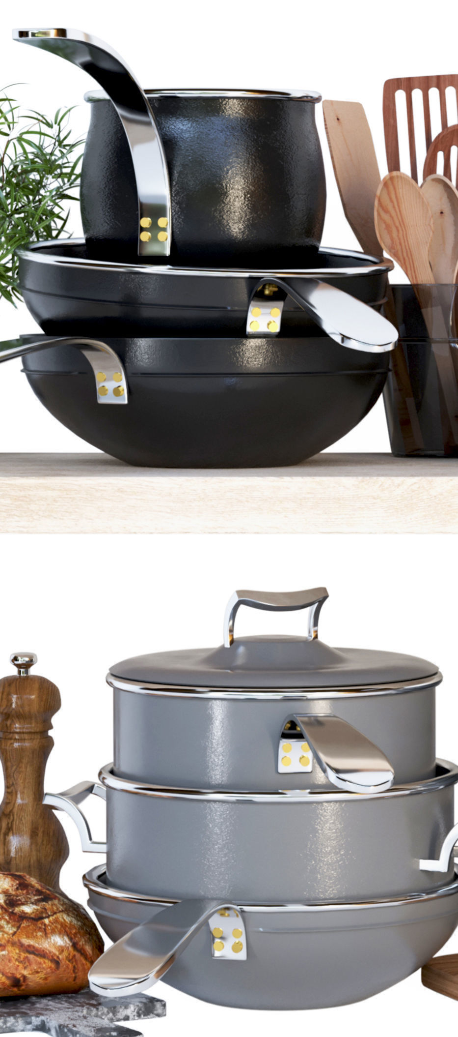 Set of kitchen utensils frying pan and saucepan 3D model_4