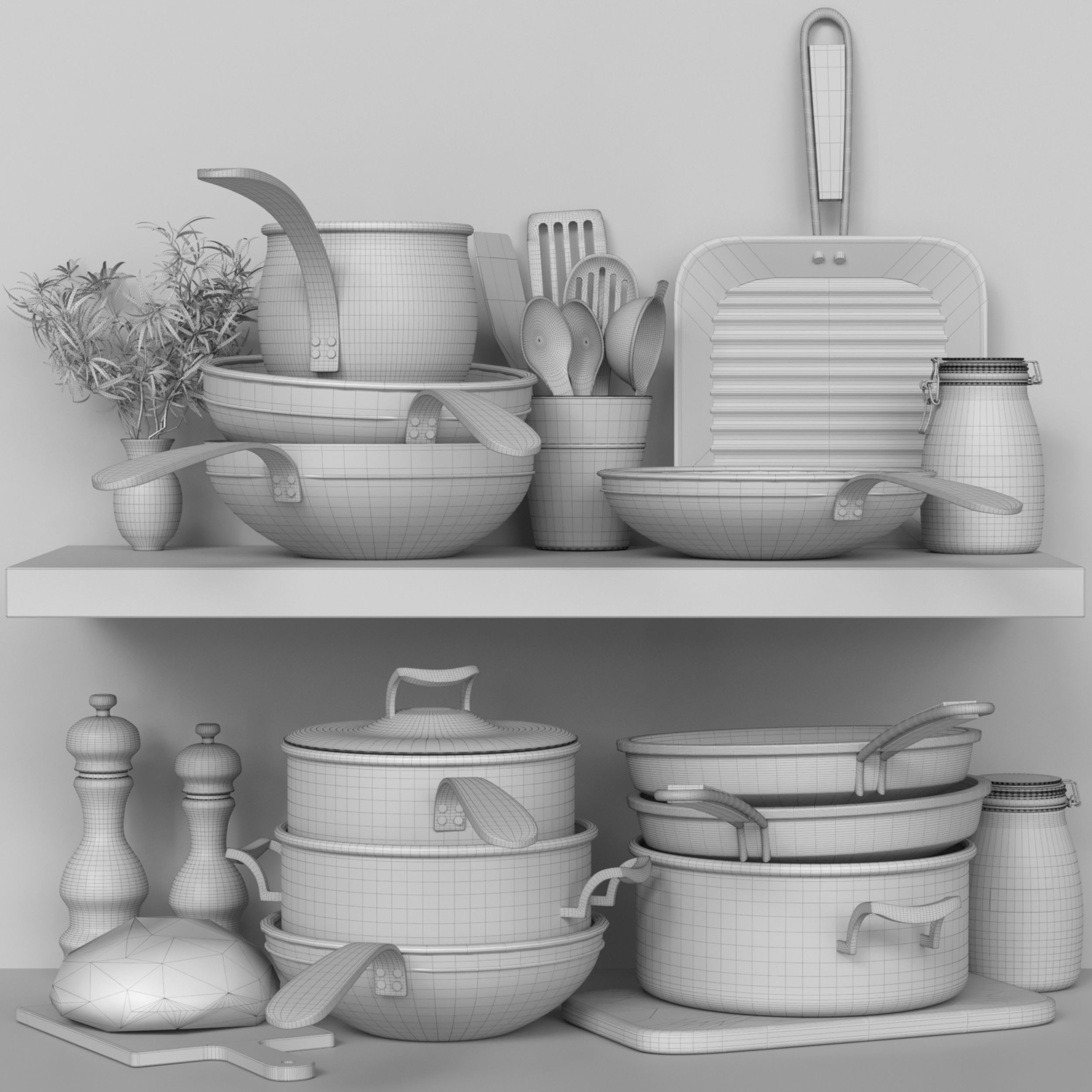 Set of kitchen utensils frying pan and saucepan 3D model_1