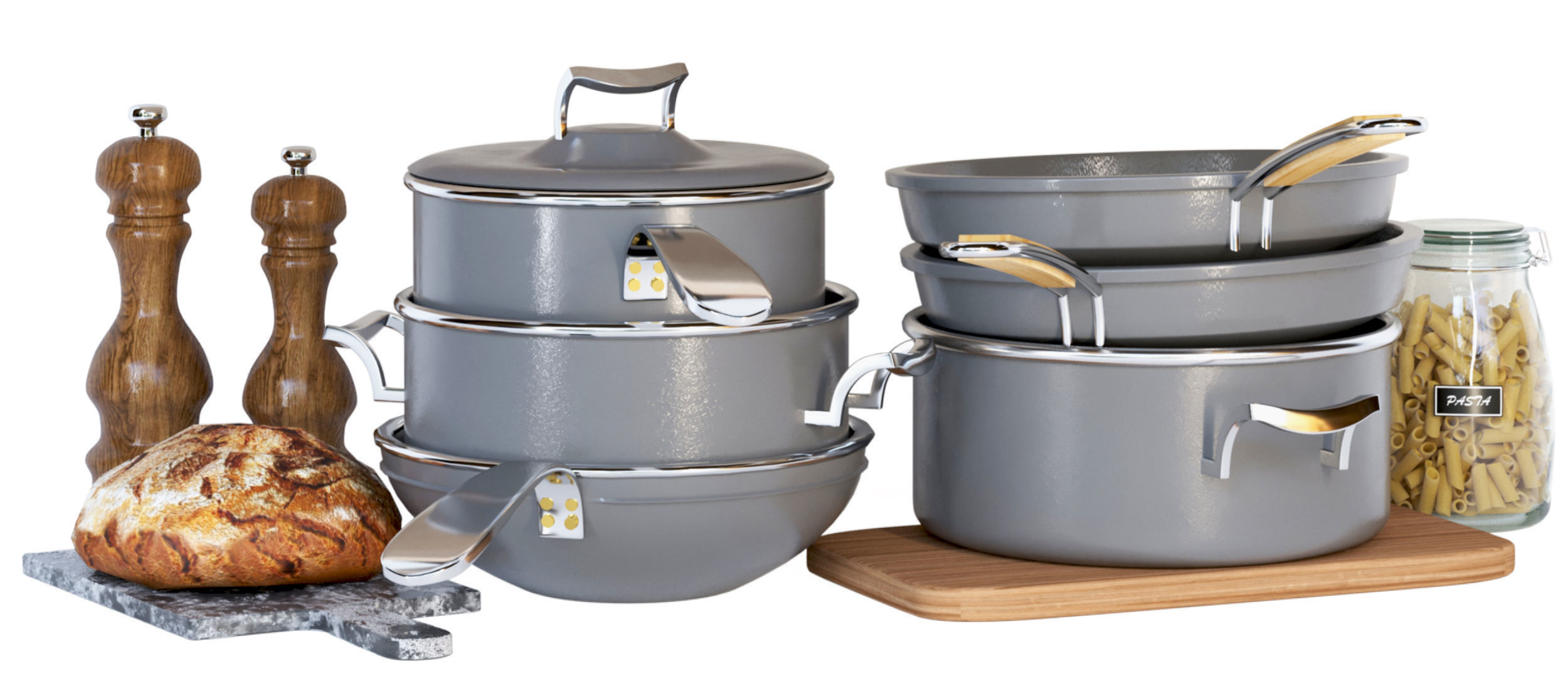 Set of kitchen utensils frying pan and saucepan 3D model_3