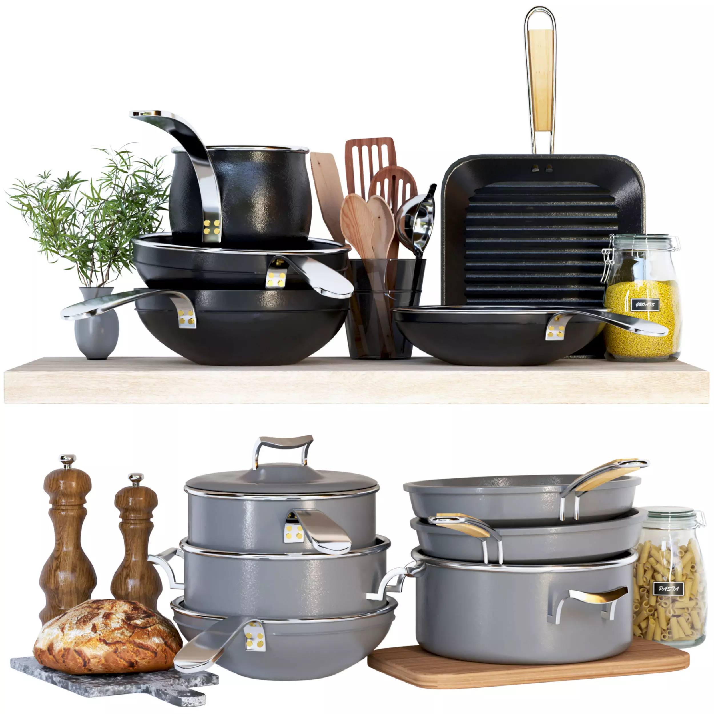 Set of kitchen utensils frying pan and saucepan 3D model_0