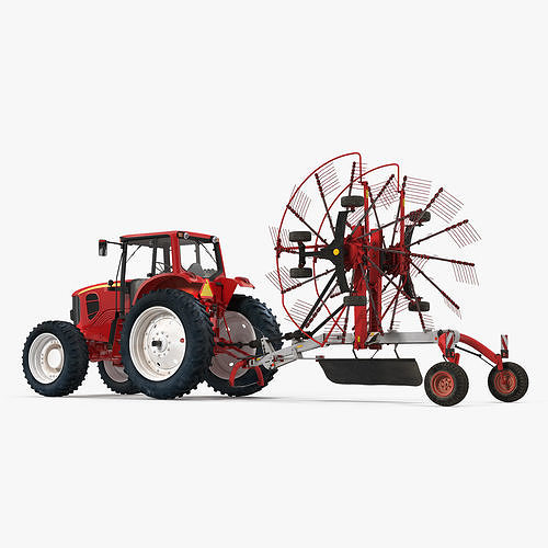 Tractor with Used Twin Rotary Rake Generic Parked 3D model
