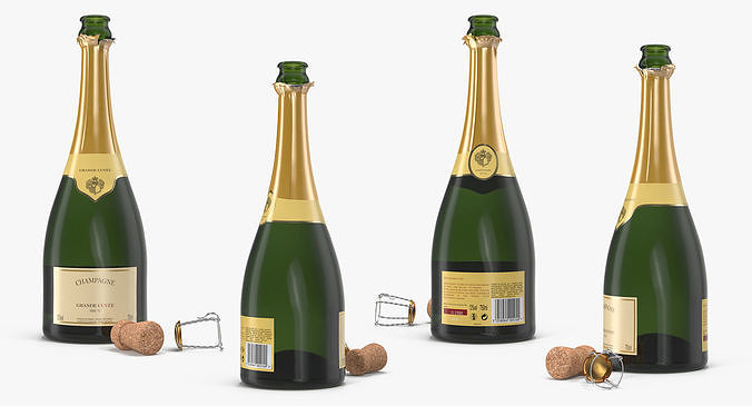 French Champagne Bottle Generic Opened 3D model 4