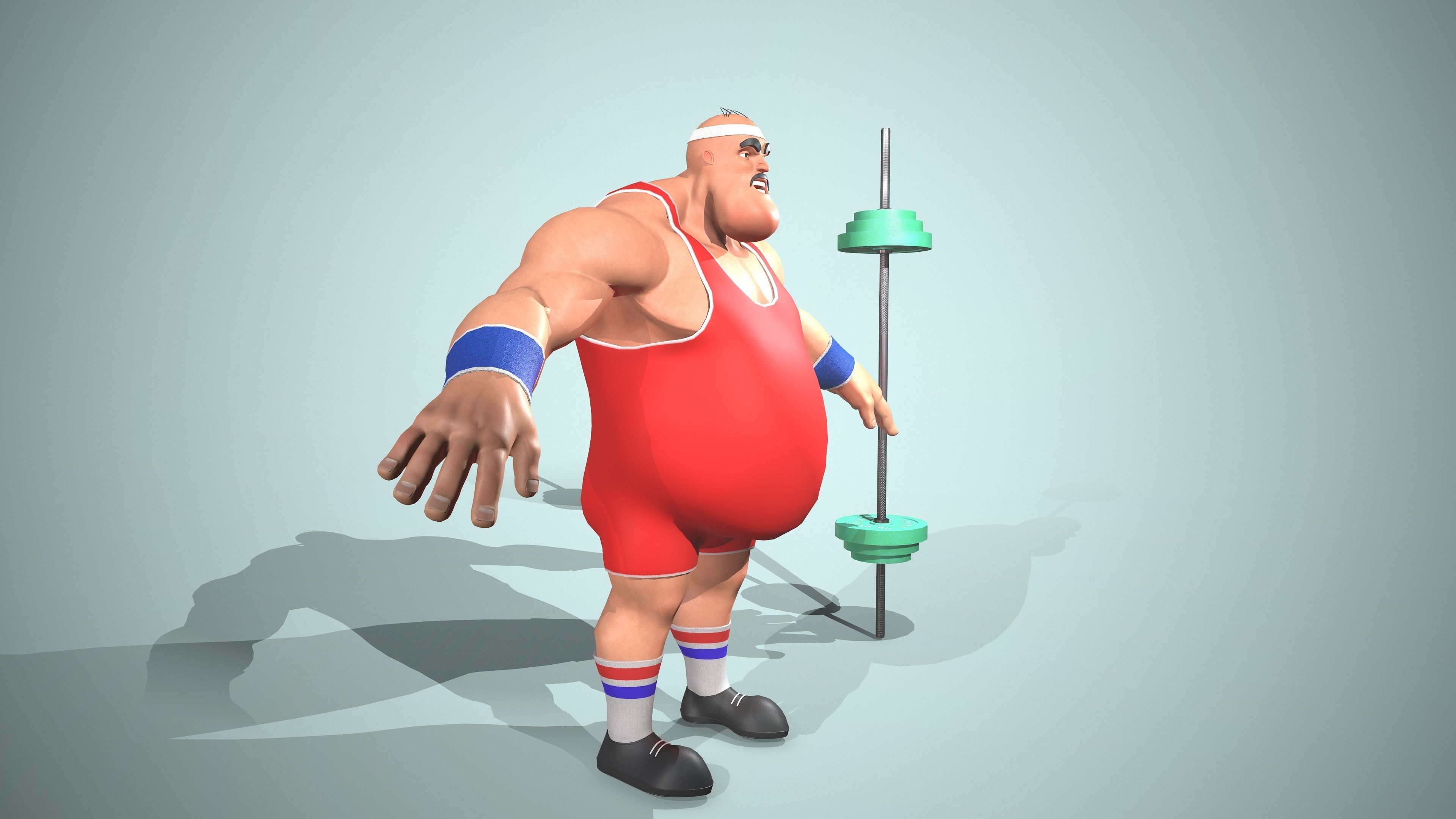 Bodybuilder cartoon character holding barbell Low-poly 3D model_2
