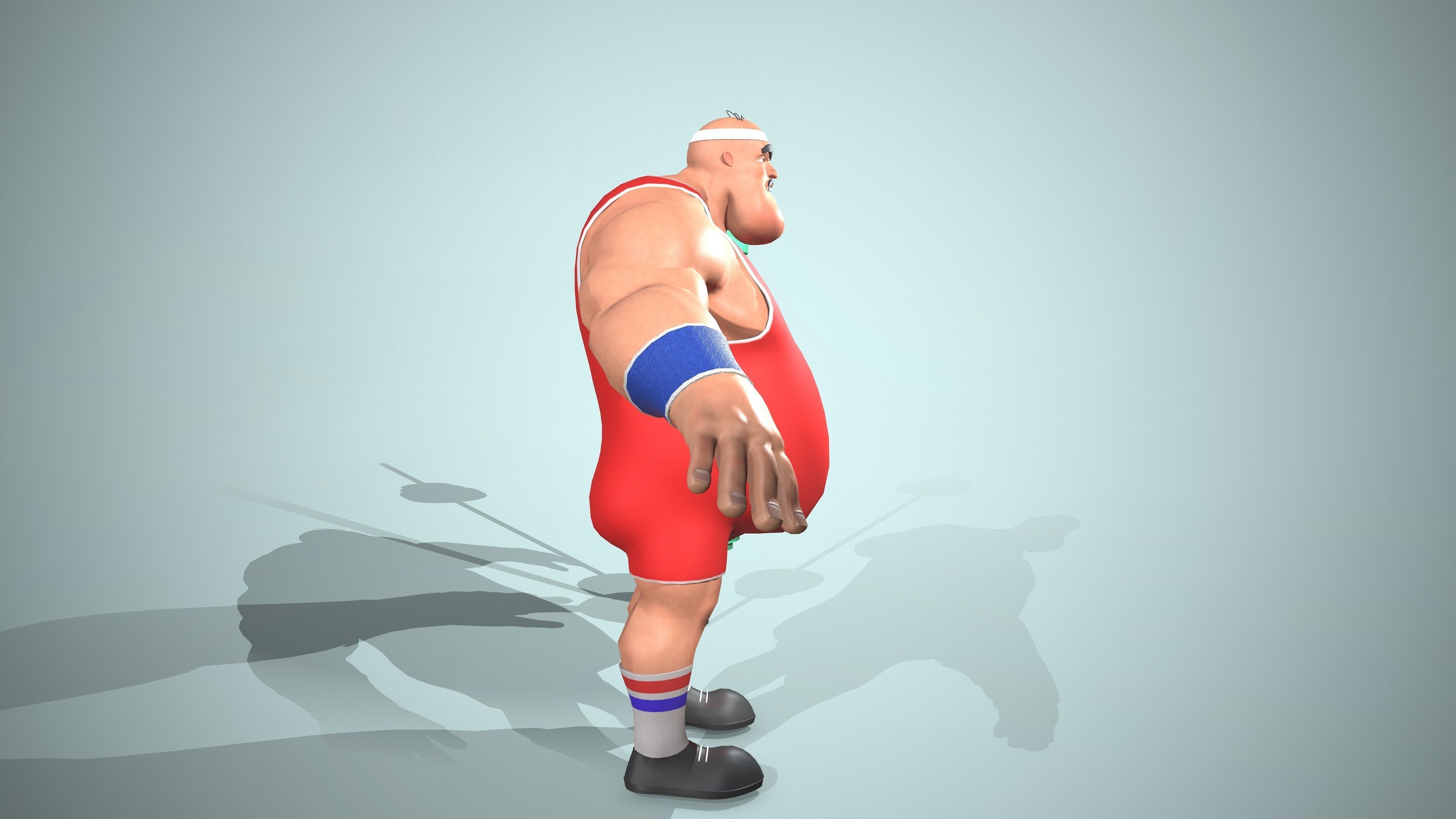 Bodybuilder cartoon character holding barbell Low-poly 3D model_3