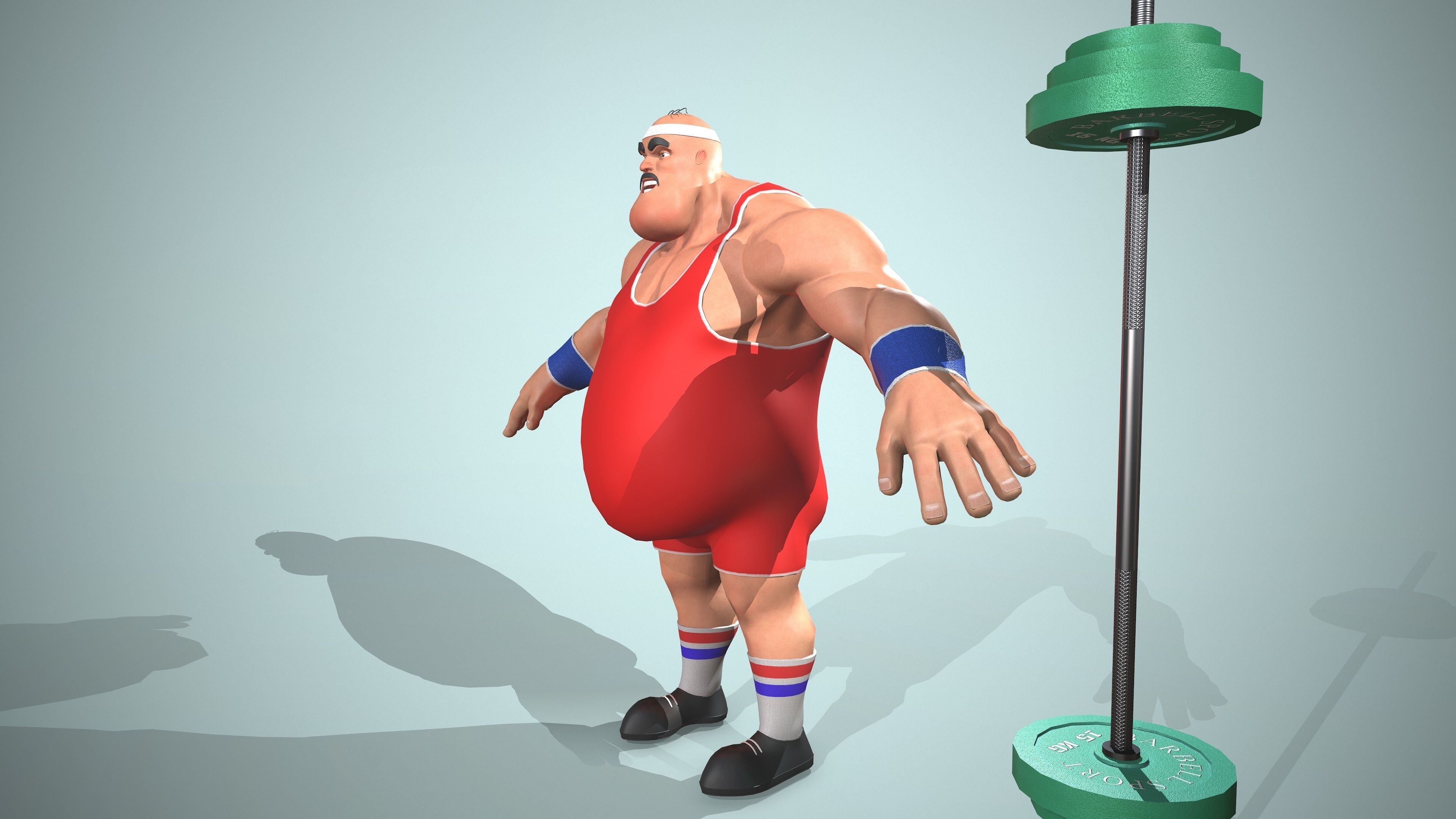 Bodybuilder cartoon character holding barbell Low-poly 3D model_8